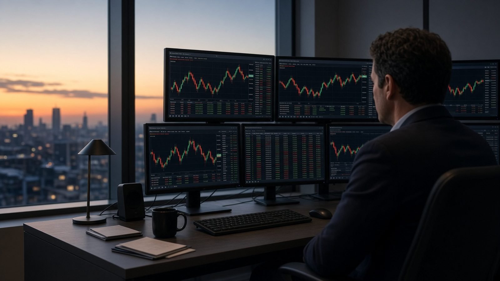 A pre-market trading desk with dark monitors at dawn