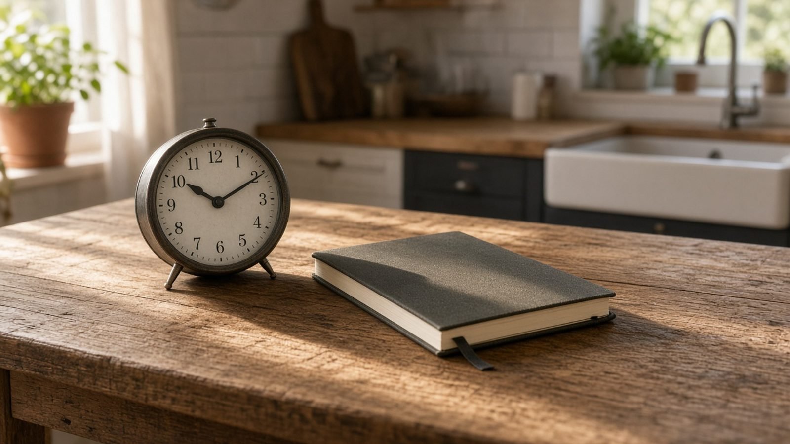 An analog clock and a closed notebook on a kitchen table in morning light