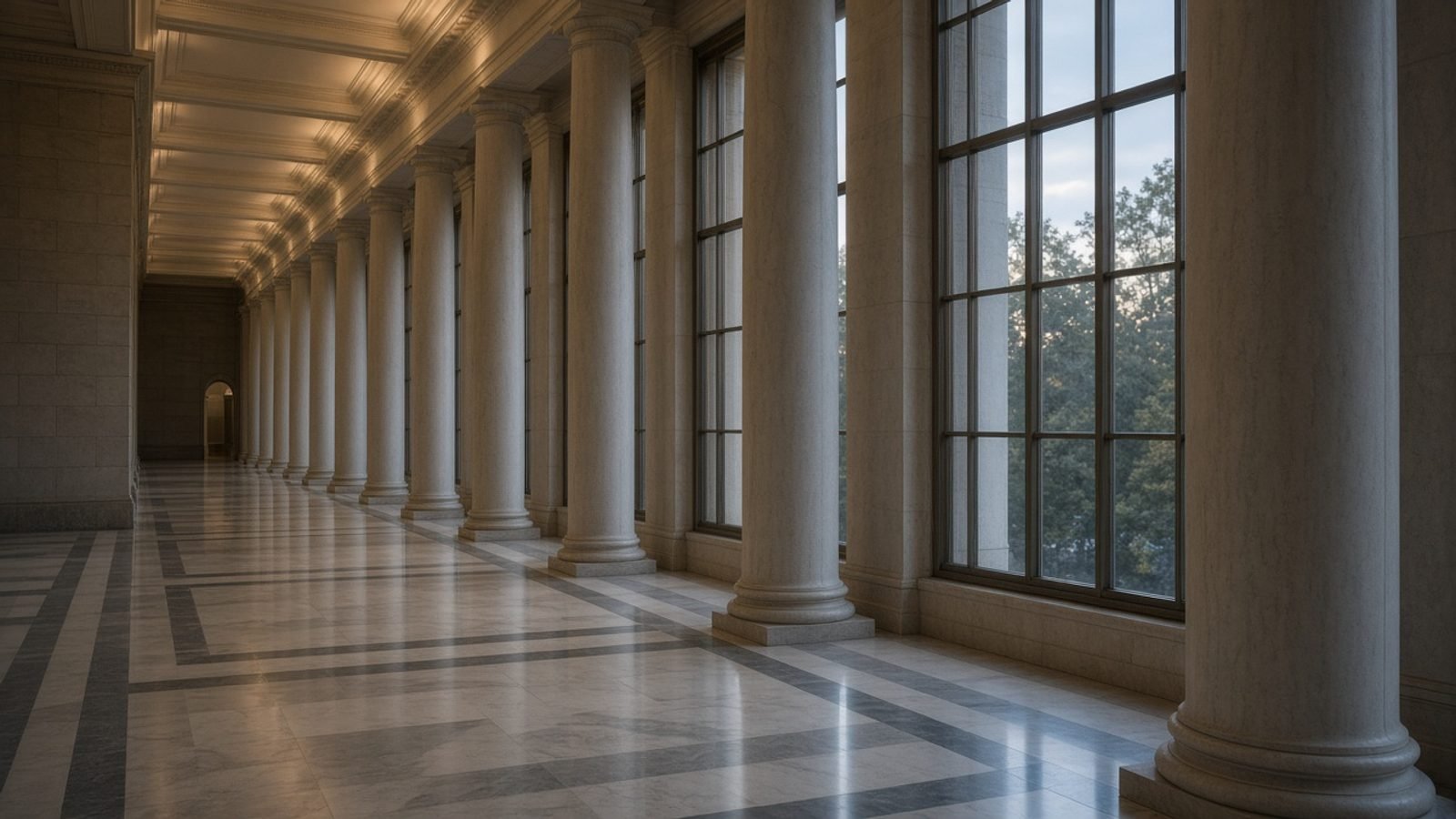 An empty US Capitol corridor with stone columns in evening light