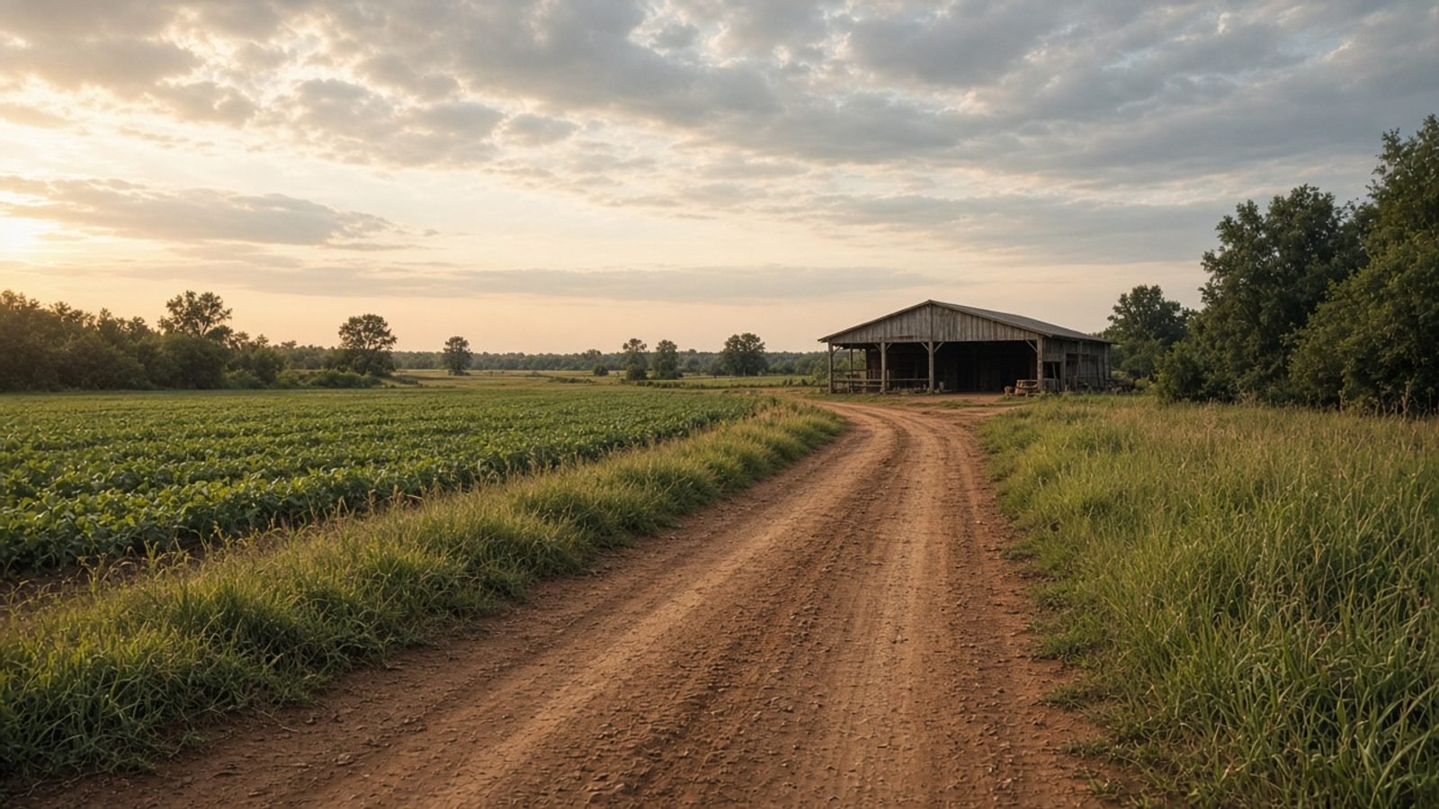 A rural South Georgia farm road and packing shed in late afternoon