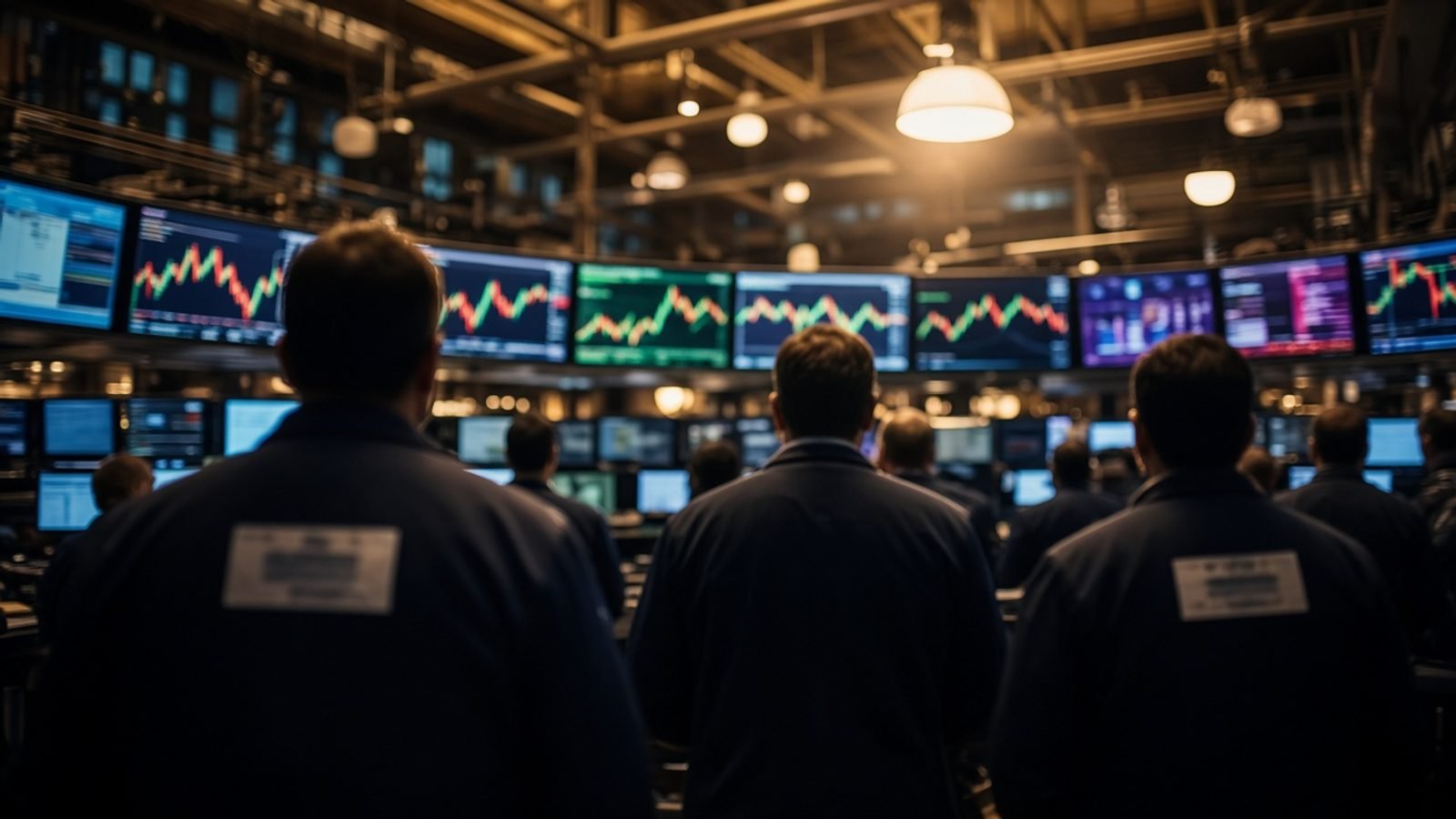Traders watching monitors on a stock-exchange floor at the closing bell