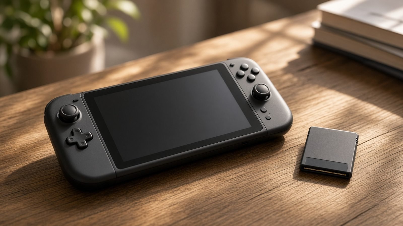 A handheld game console and a game cartridge on a sunlit wooden table