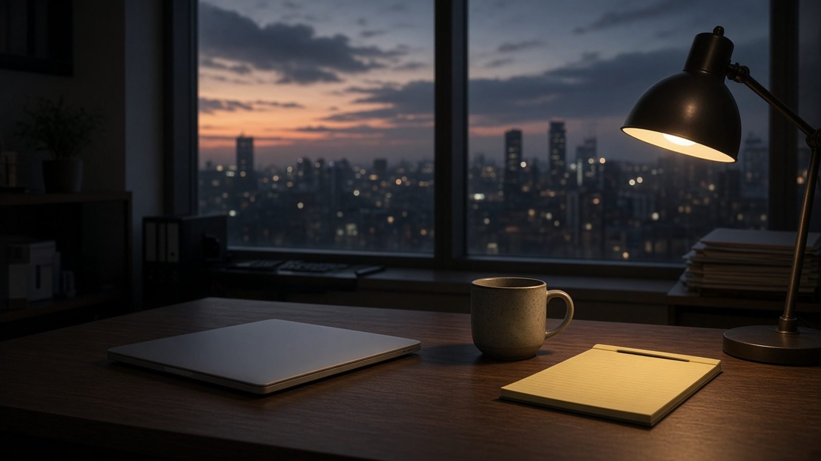 Thursday evening news desk with a closed laptop and coffee