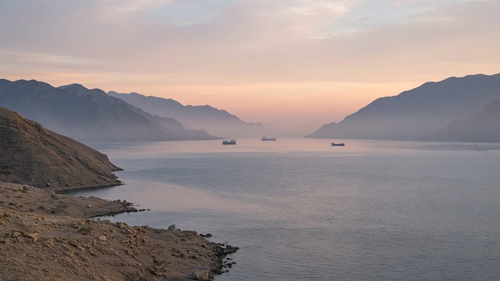 A narrow desert sea strait at dawn with distant cargo ships