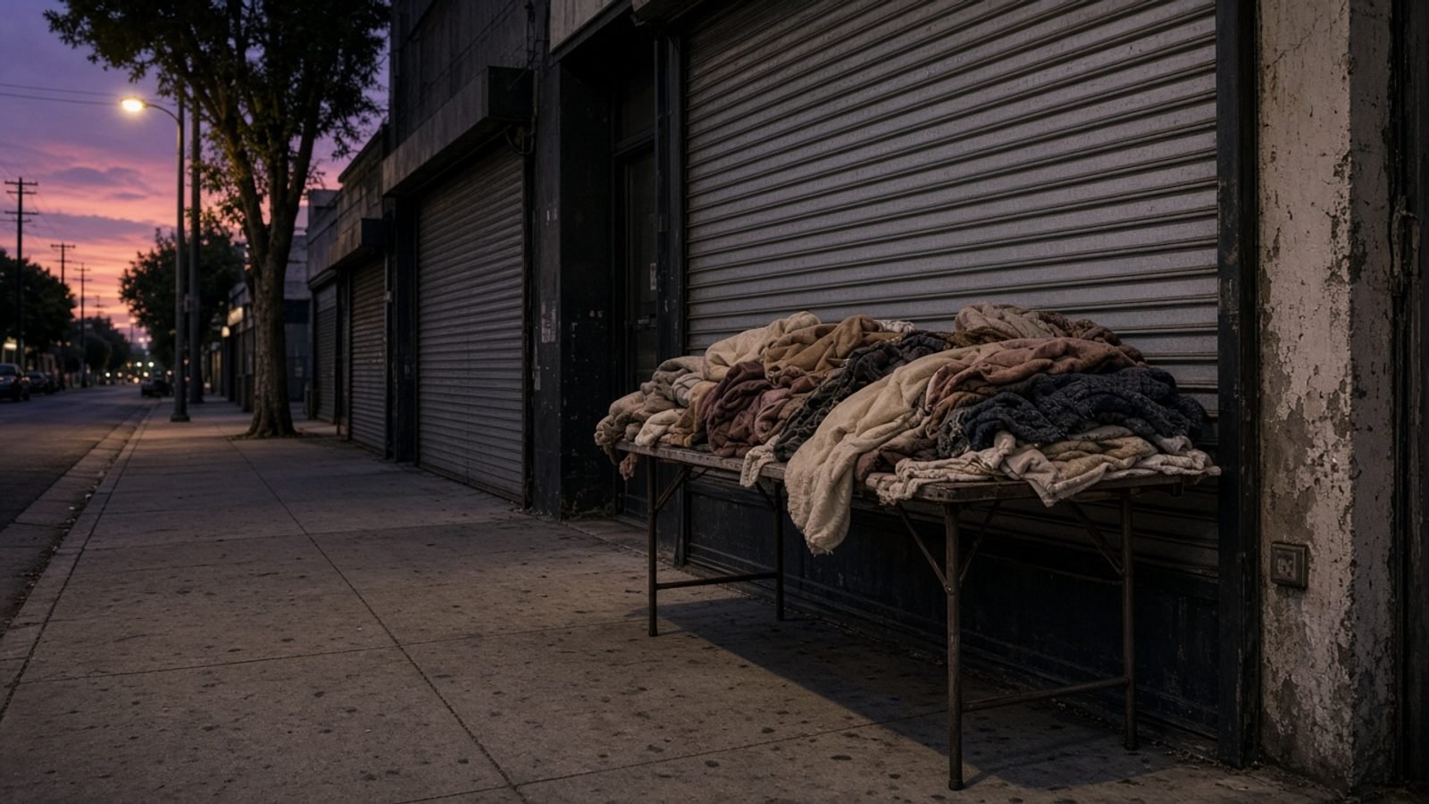An empty urban sidewalk with donated blankets on a folding table at dusk