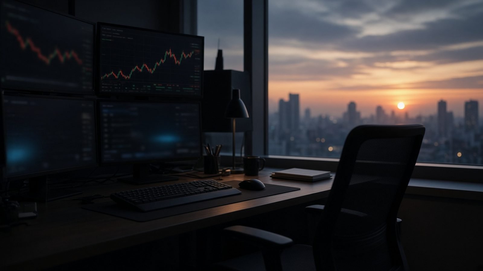 A pre-market trading desk with dark monitors at dawn