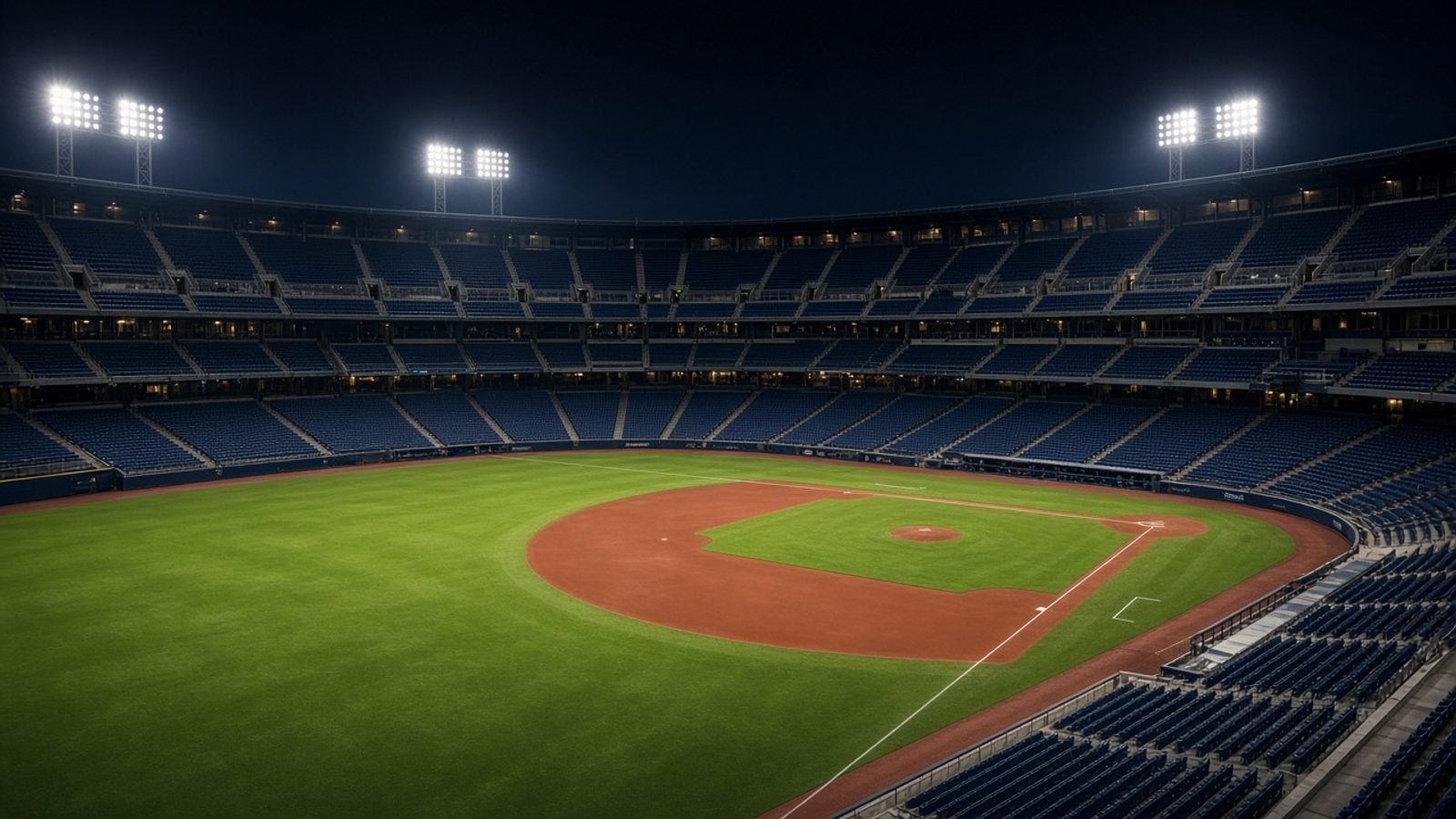 An empty baseball stadium at night under floodlights