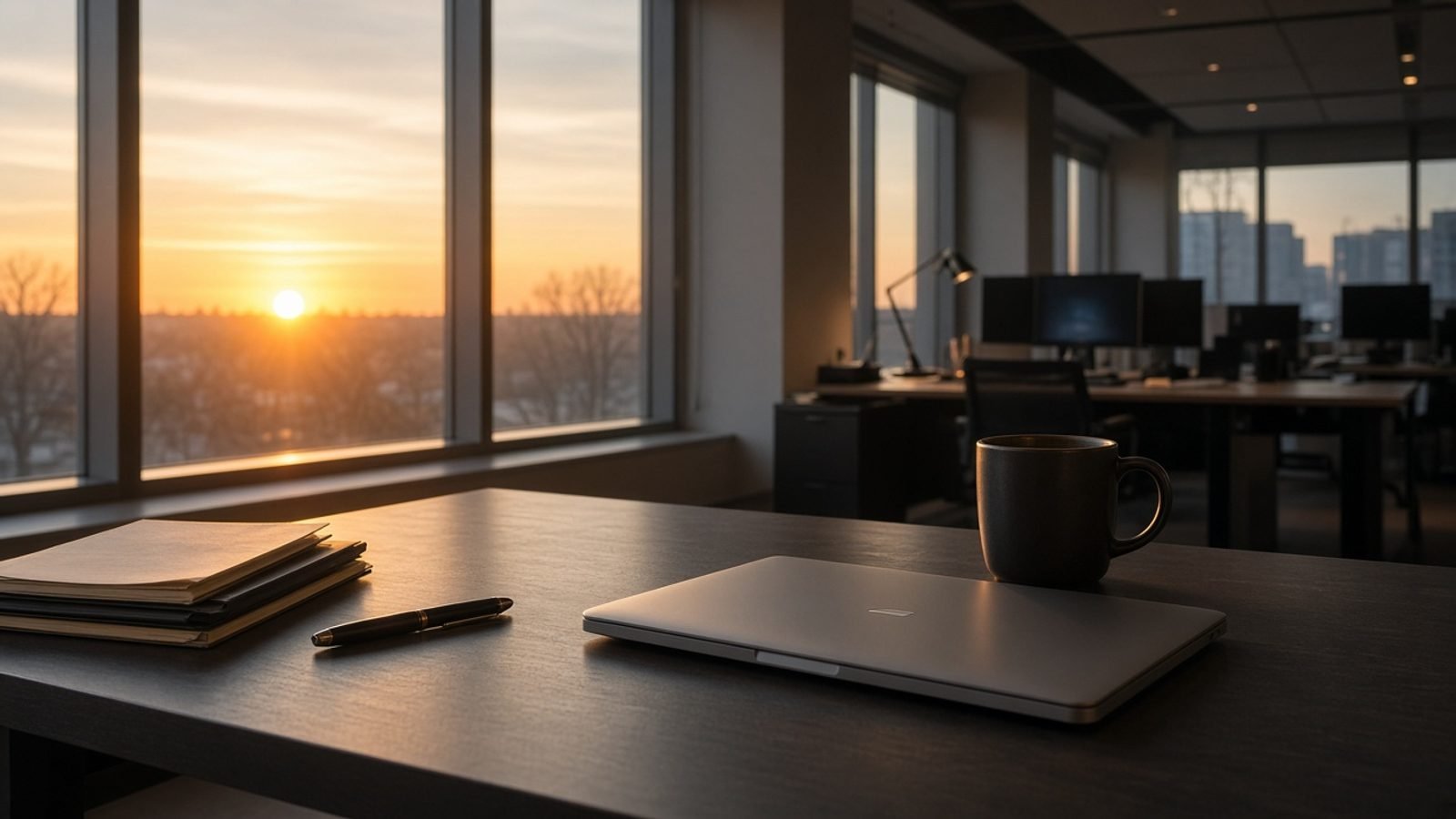 Friday morning news desk with a closed laptop and coffee at sunrise