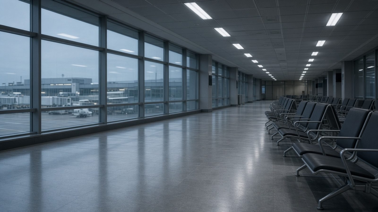 An empty airport arrivals corridor with rows of vacant chairs