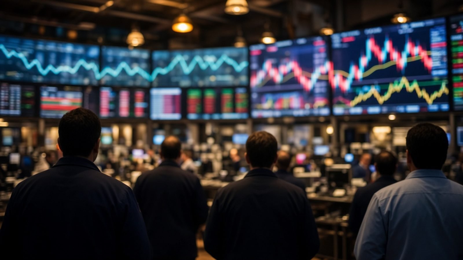 Traders watching monitors on a stock-exchange floor at midday