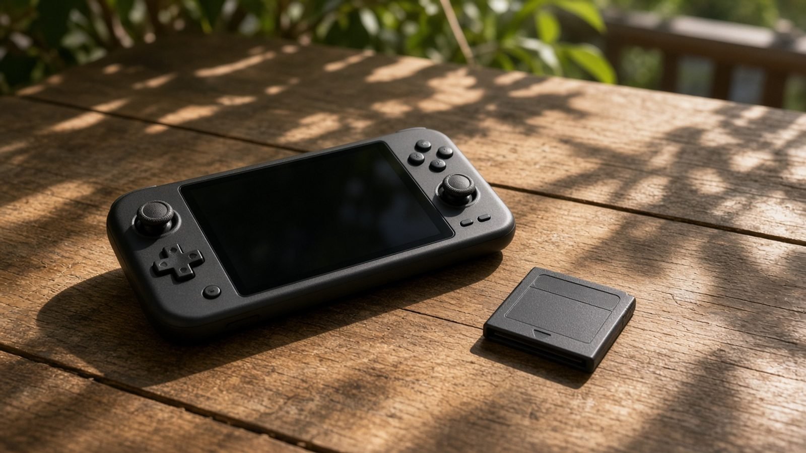 A handheld game console and a game cartridge on a sunlit wooden table