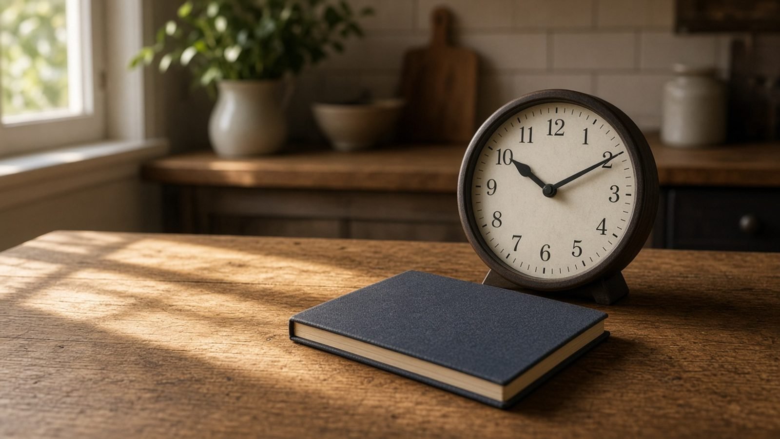 An analog clock and a closed notebook on a kitchen table in afternoon light