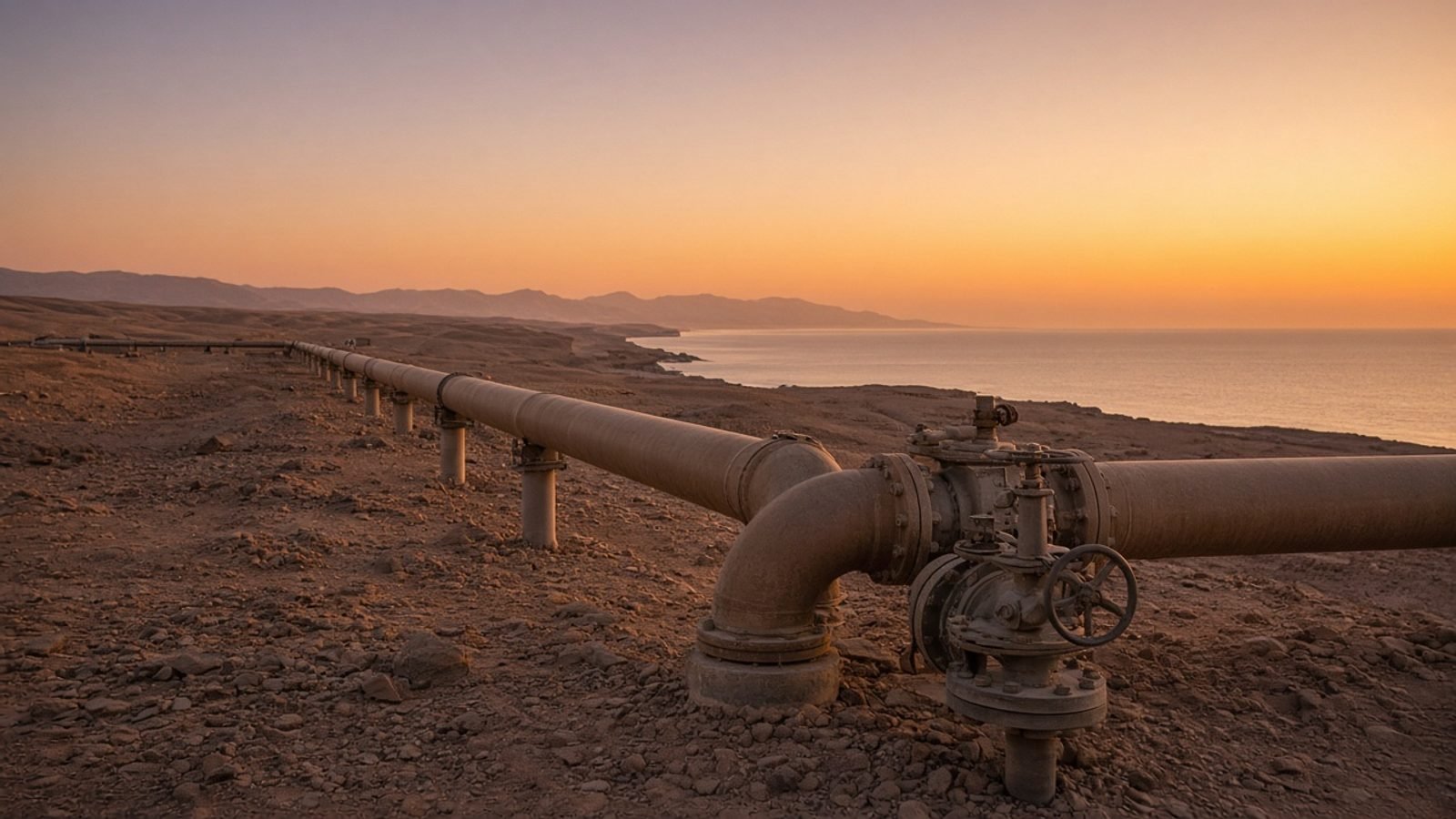 A desert oil pipeline at dusk toward a distant sea