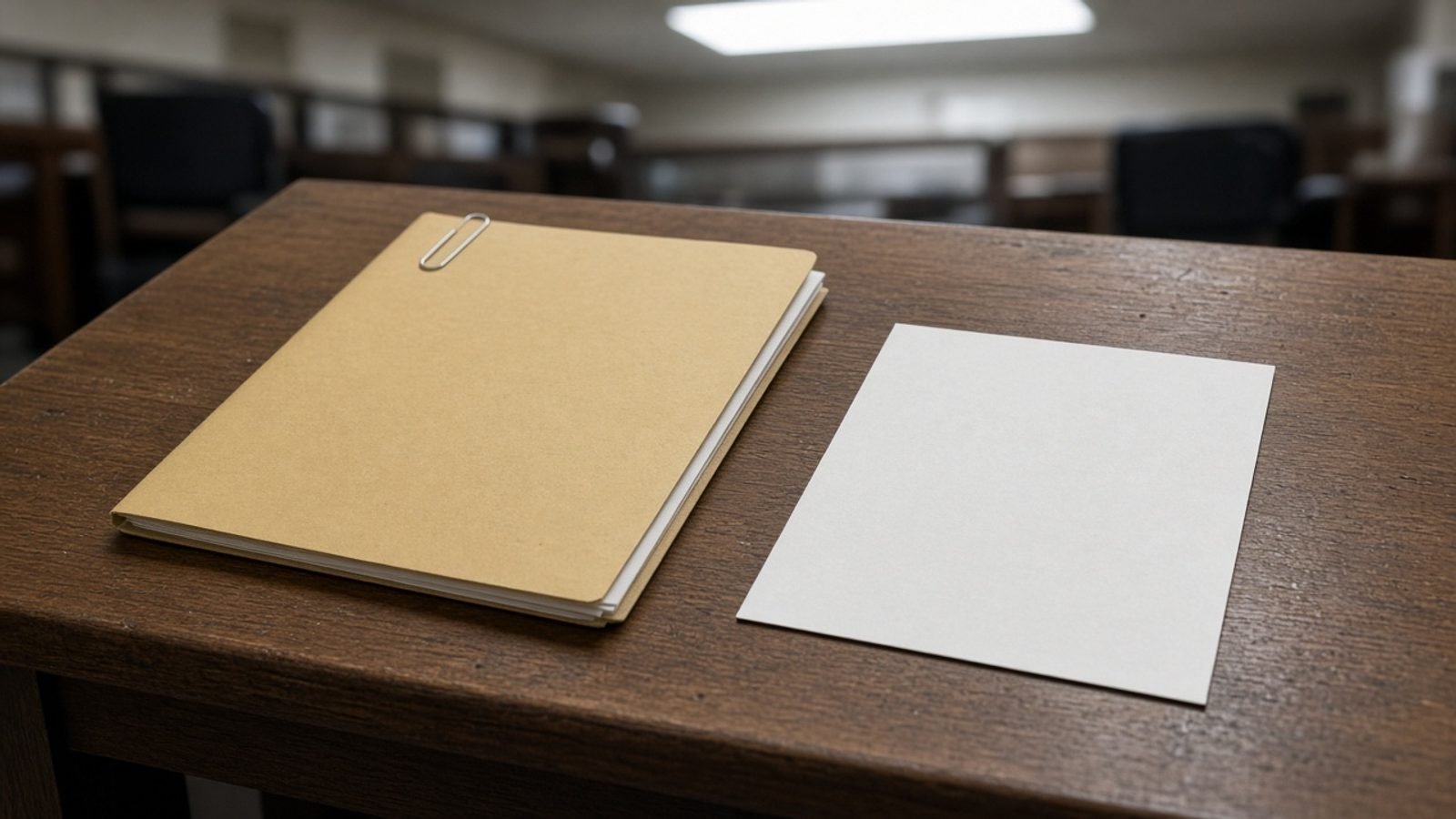 A closed manila folder and a blank card on a courthouse table