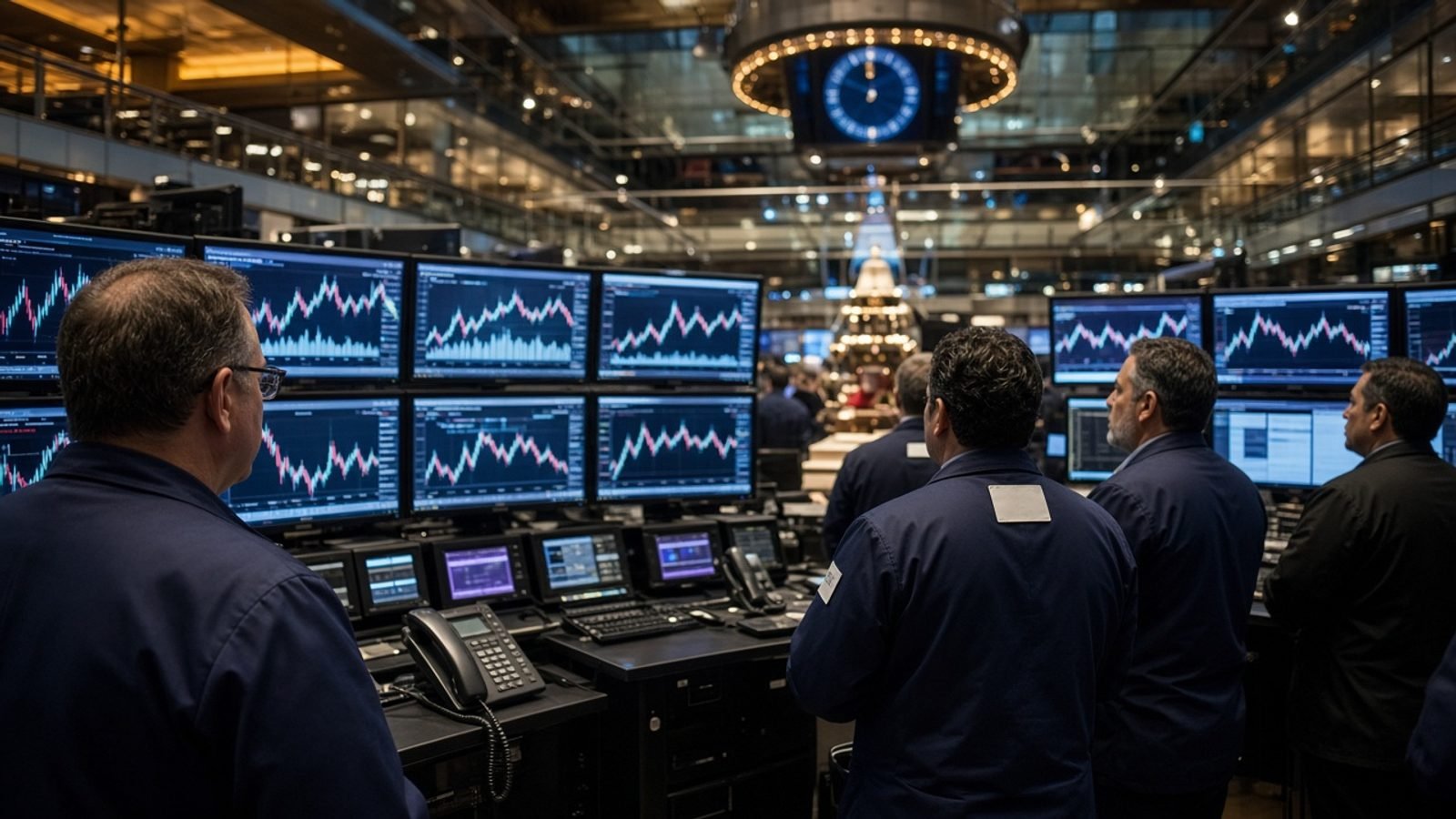 Traders watching monitors on a stock-exchange floor at the closing bell