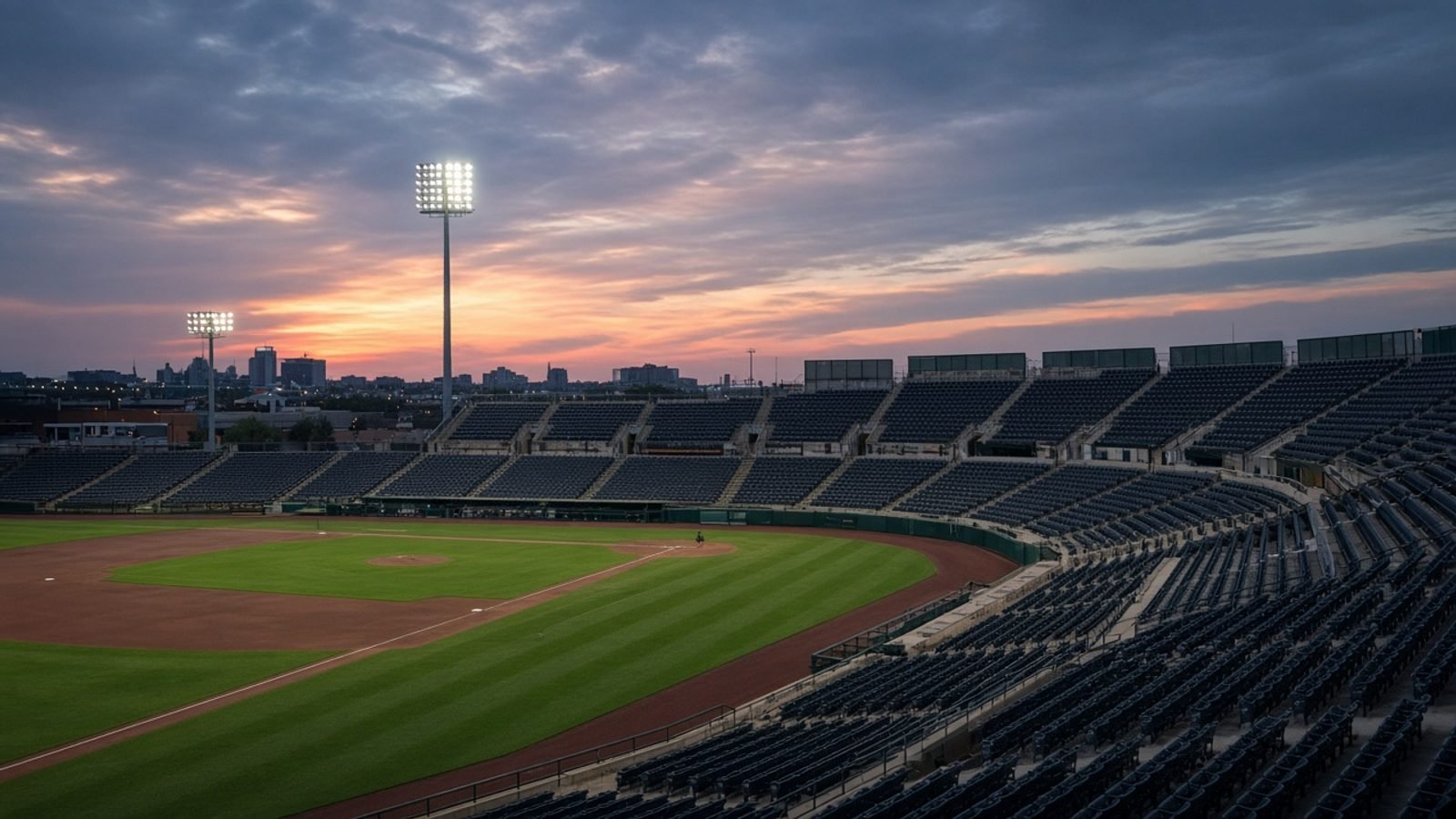 An empty baseball stadium at dusk under floodlights