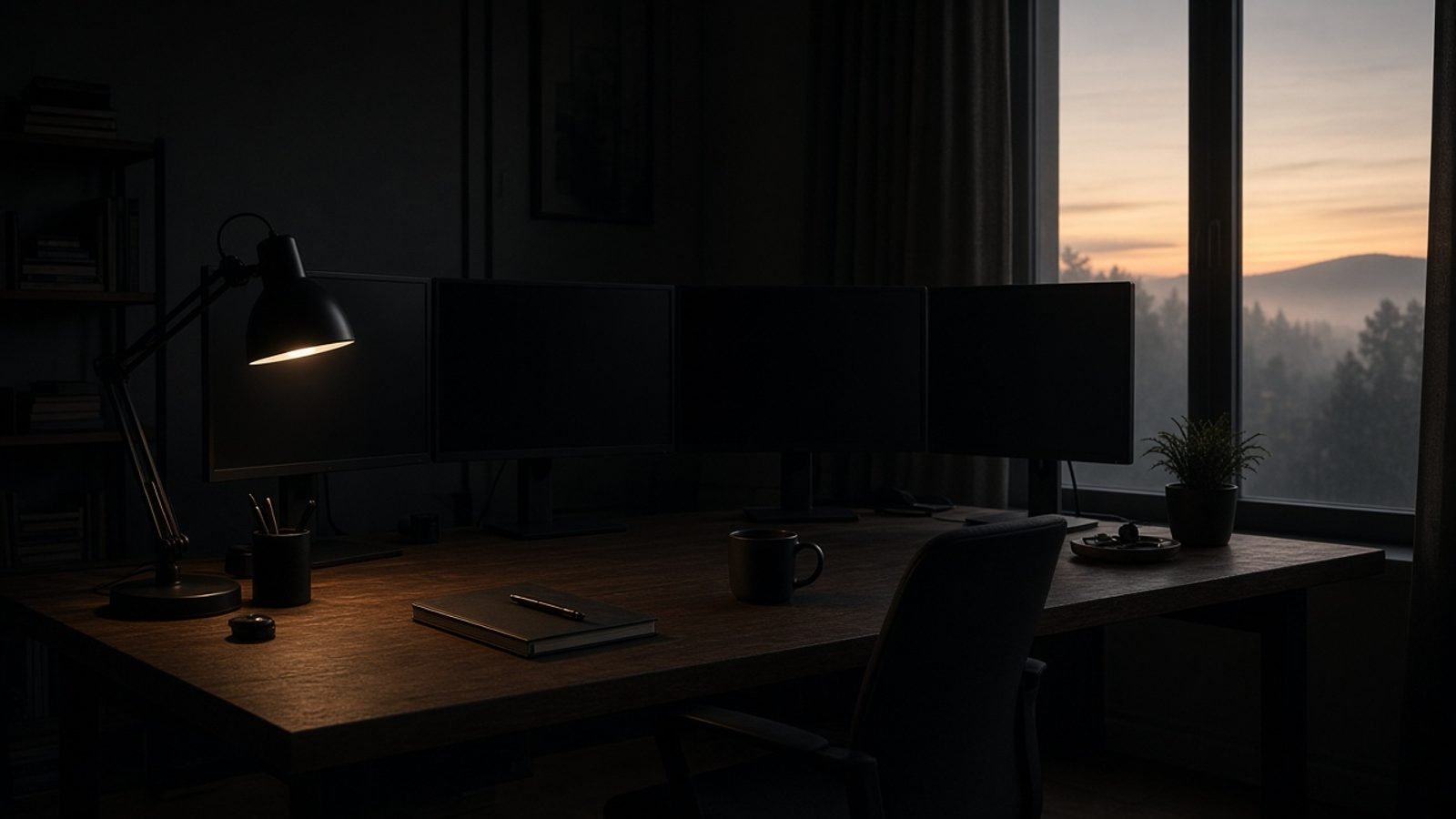 A dark weekend trading desk with blank monitors at dawn