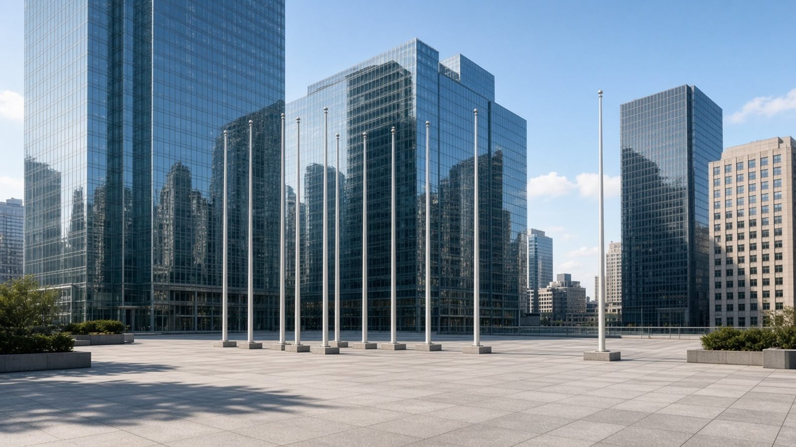 Empty glass-tower plaza with unused flagpoles in late morning light
