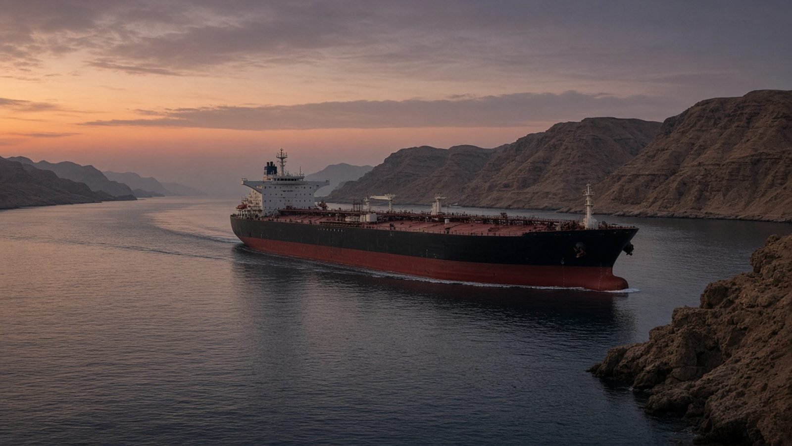 An oil tanker on a narrow desert sea strait at dusk