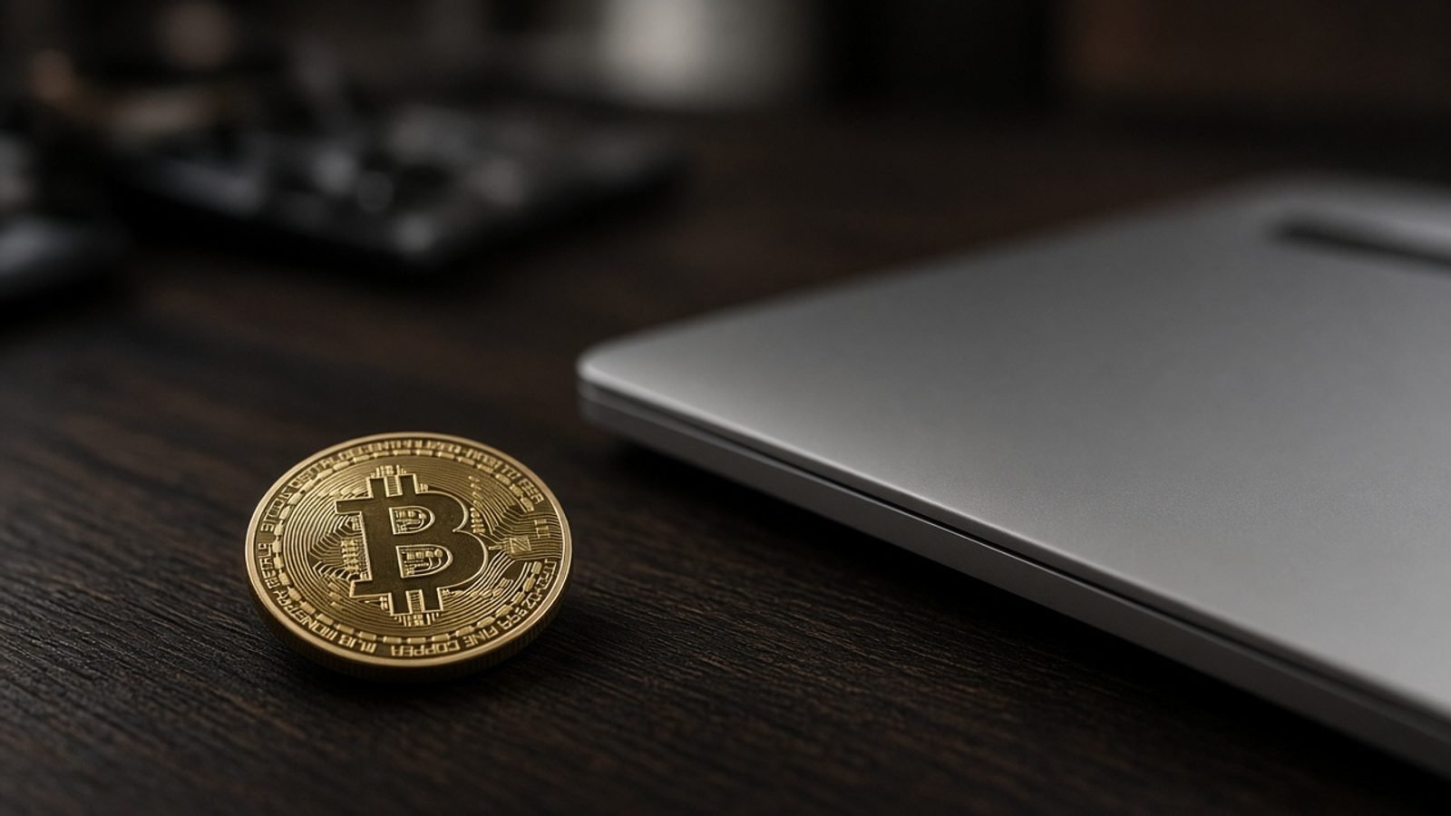 A physical Bitcoin coin on a dark wooden desk beside a closed laptop