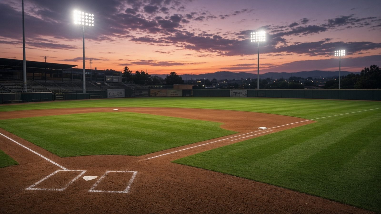 Empty baseball diamond at dusk under stadium lights