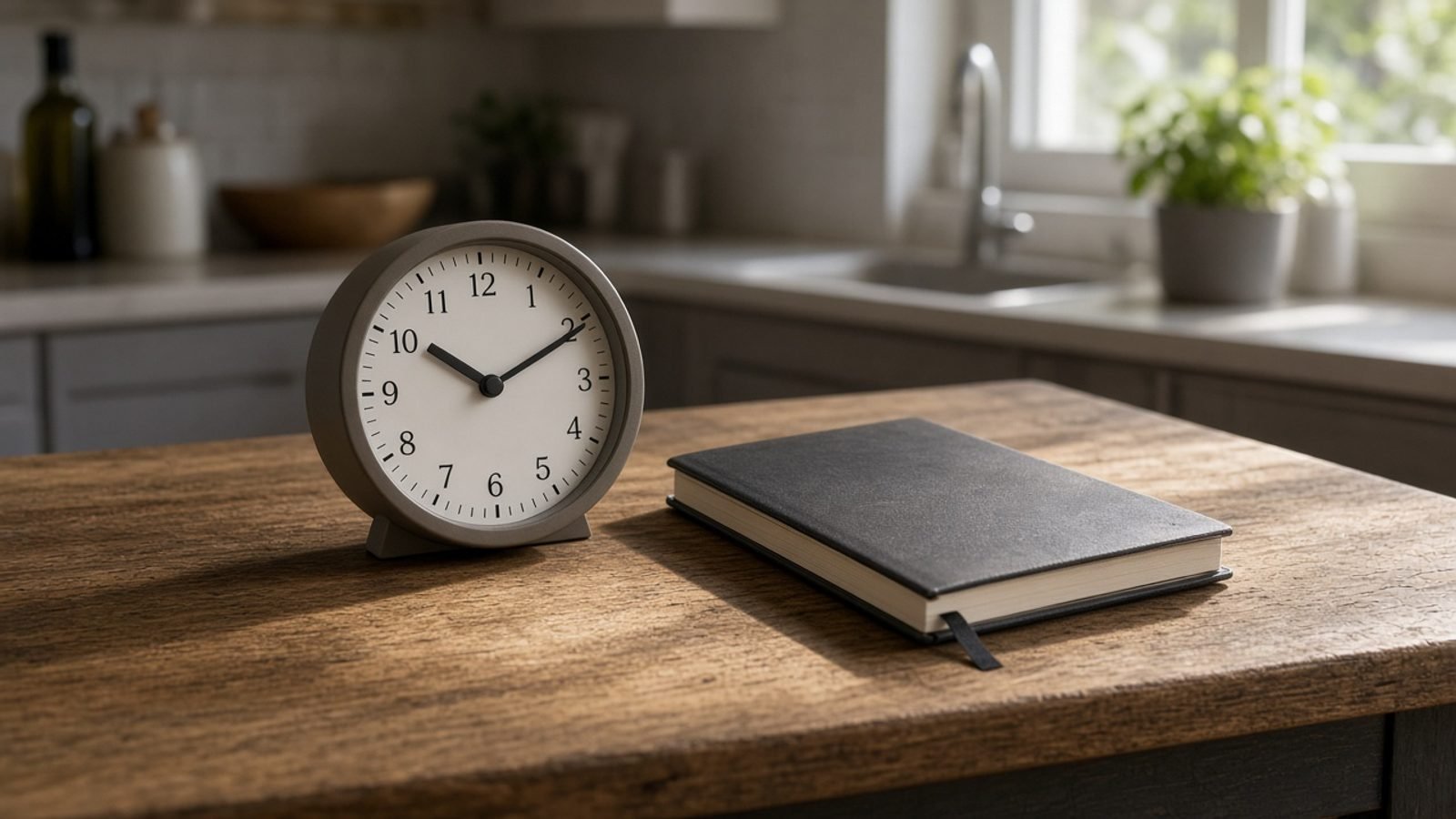 An analog clock and a closed notebook on a kitchen table in midday light