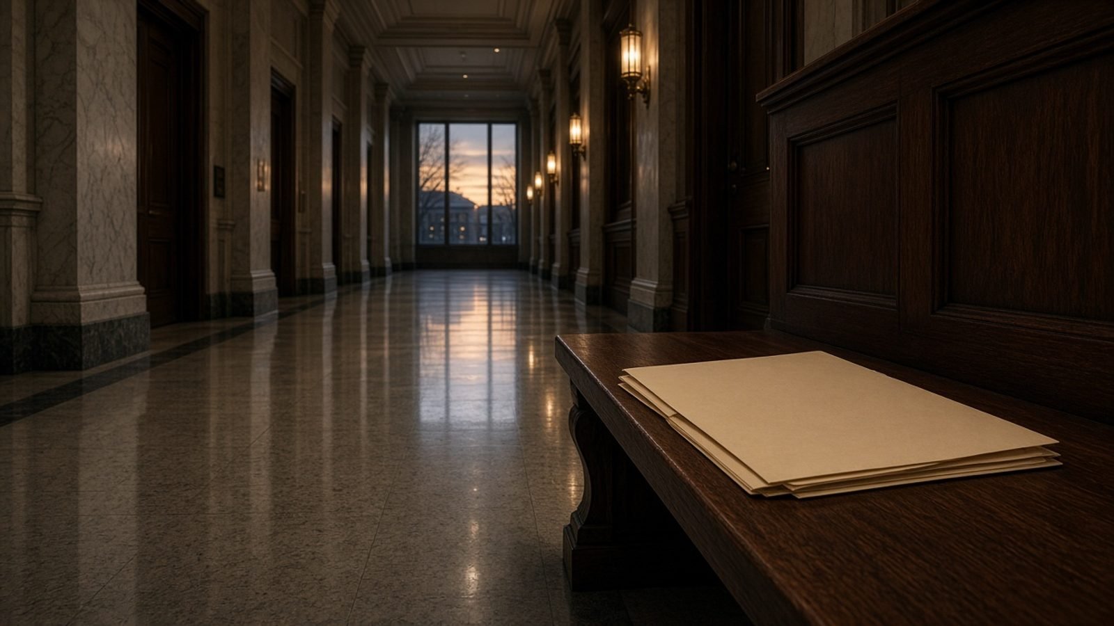 A closed manila folder on a wooden courthouse bench at dusk