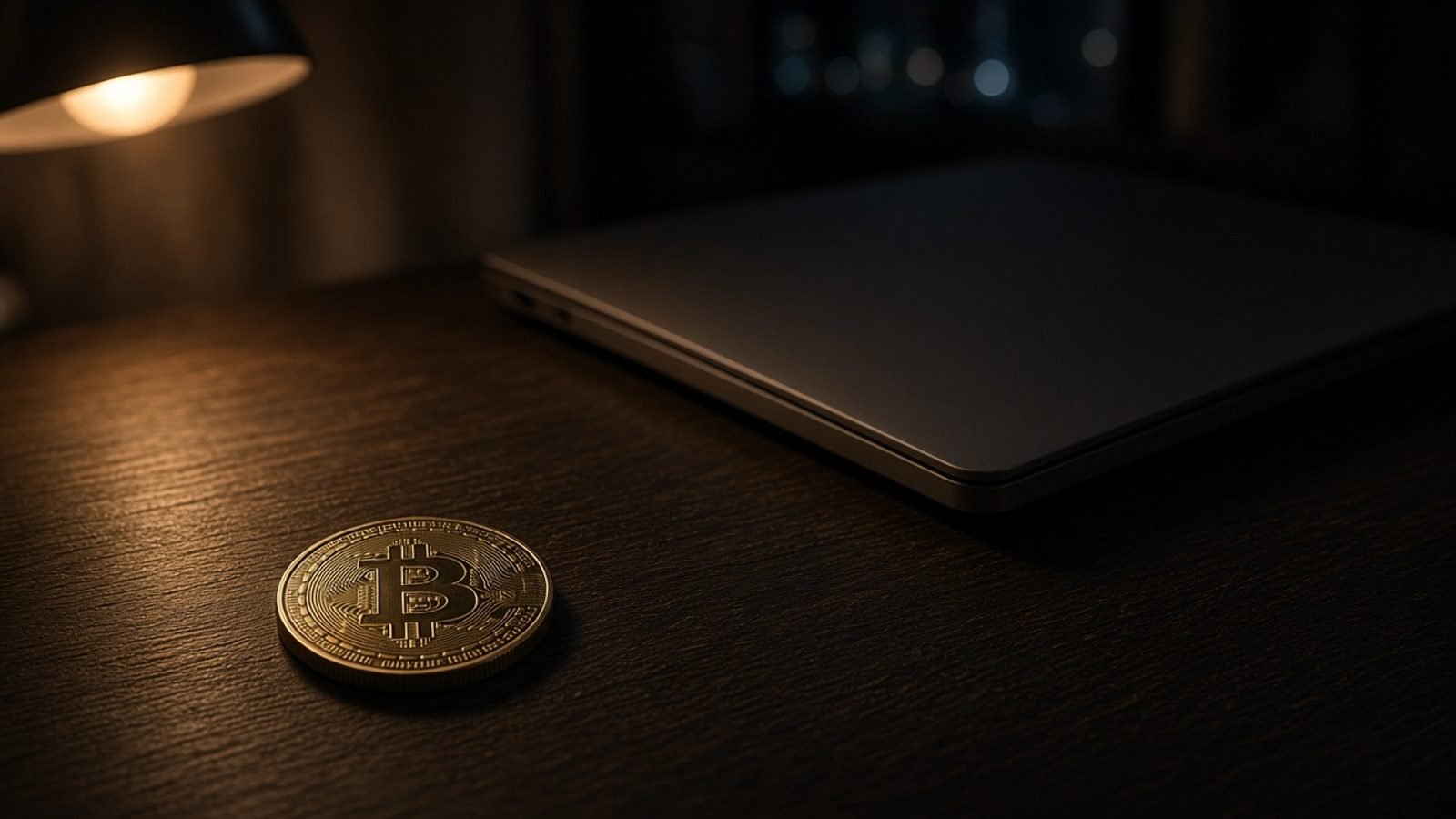 A physical Bitcoin coin on a dark wooden desk beside a closed laptop