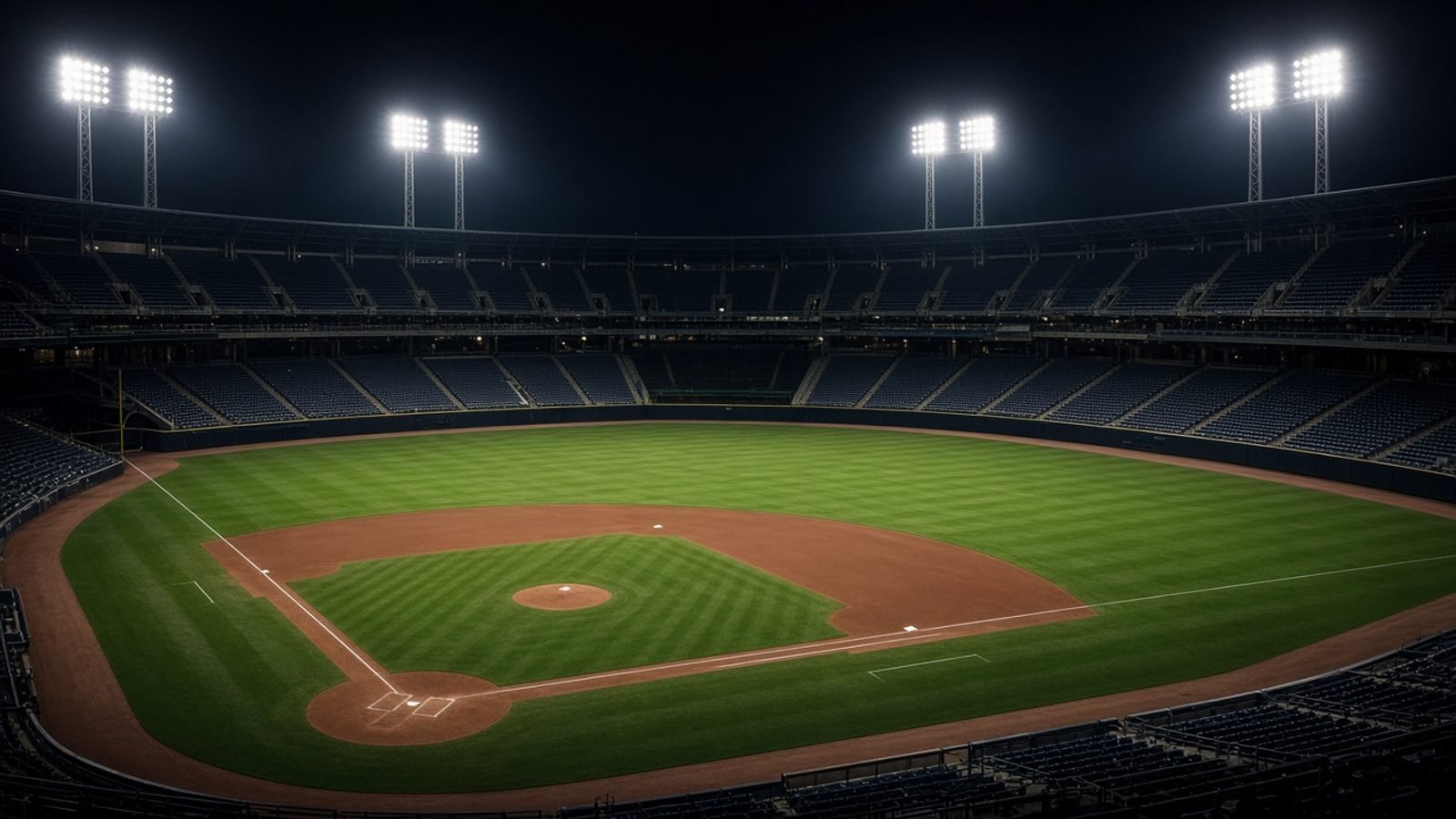 An empty baseball diamond at night under stadium floodlights
