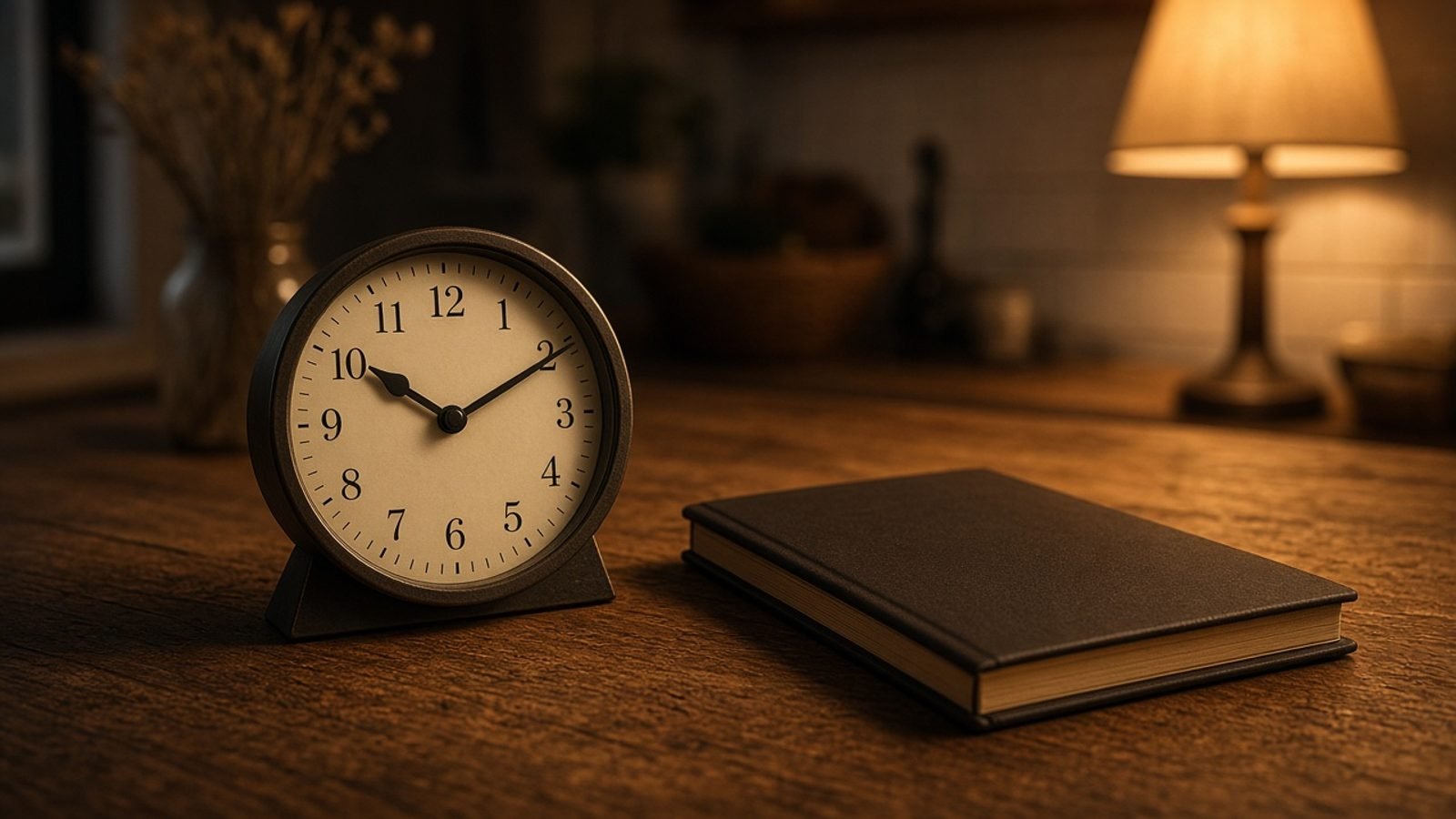 An analog clock and a closed notebook on a kitchen table in evening light