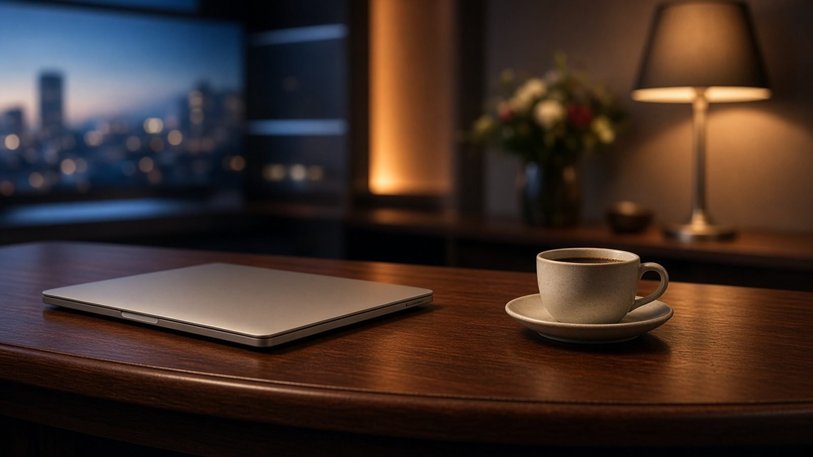 A Saturday evening news desk with a closed laptop and coffee