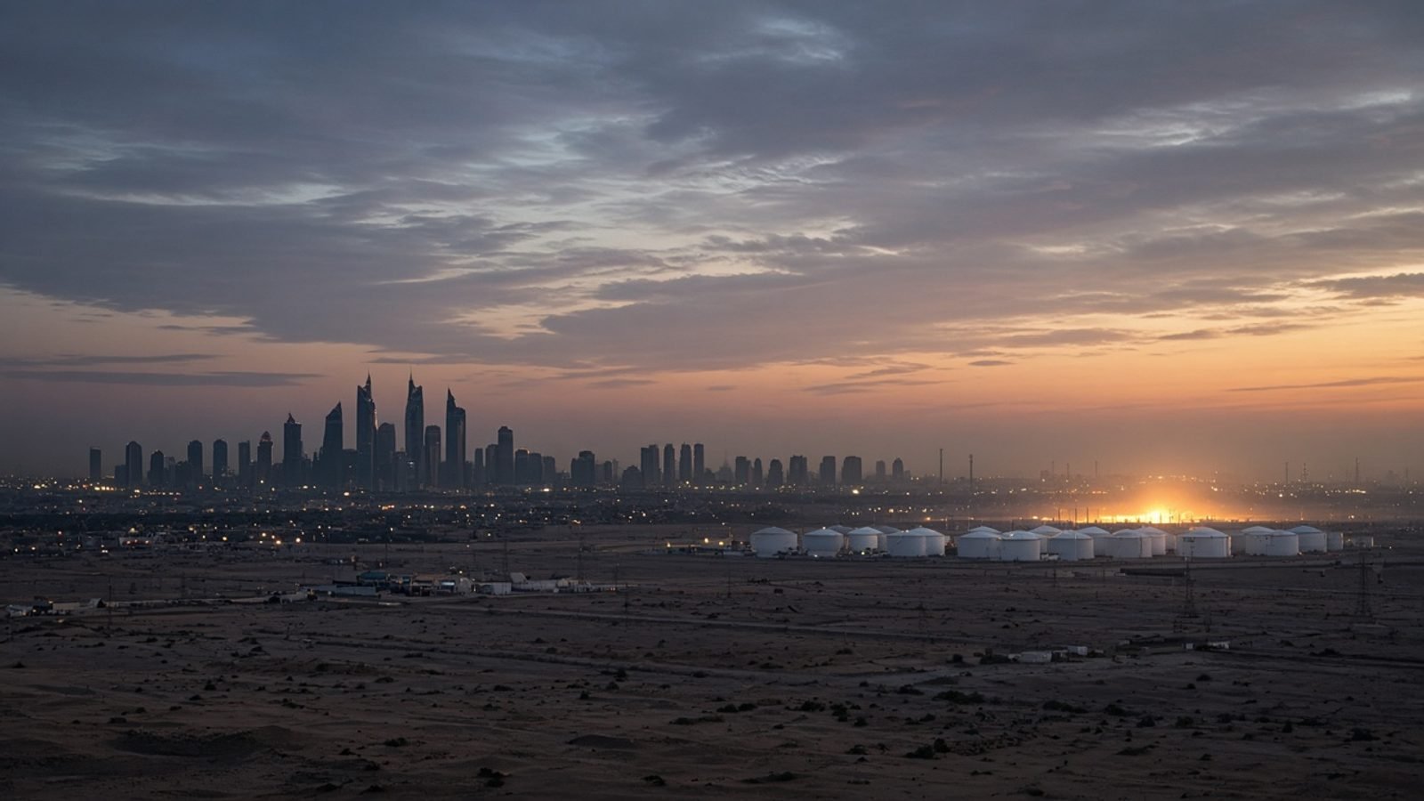 A desert capital skyline at pre-dawn with a distant glow near fuel tanks