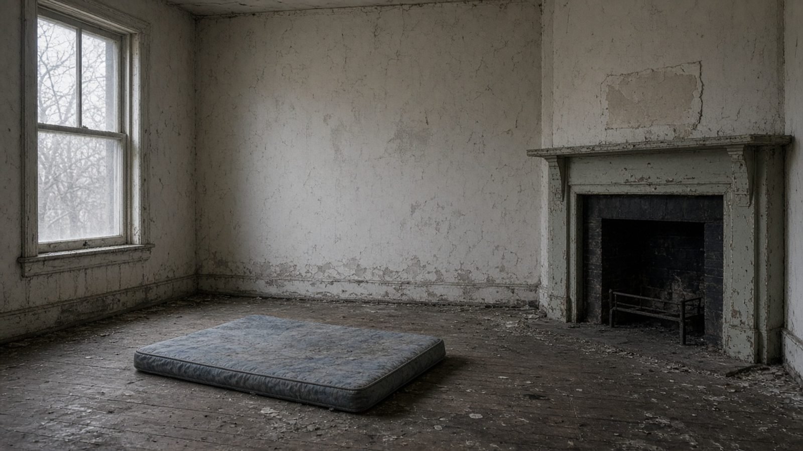 An empty worn bungalow interior with a thin mattress on a dusty floor
