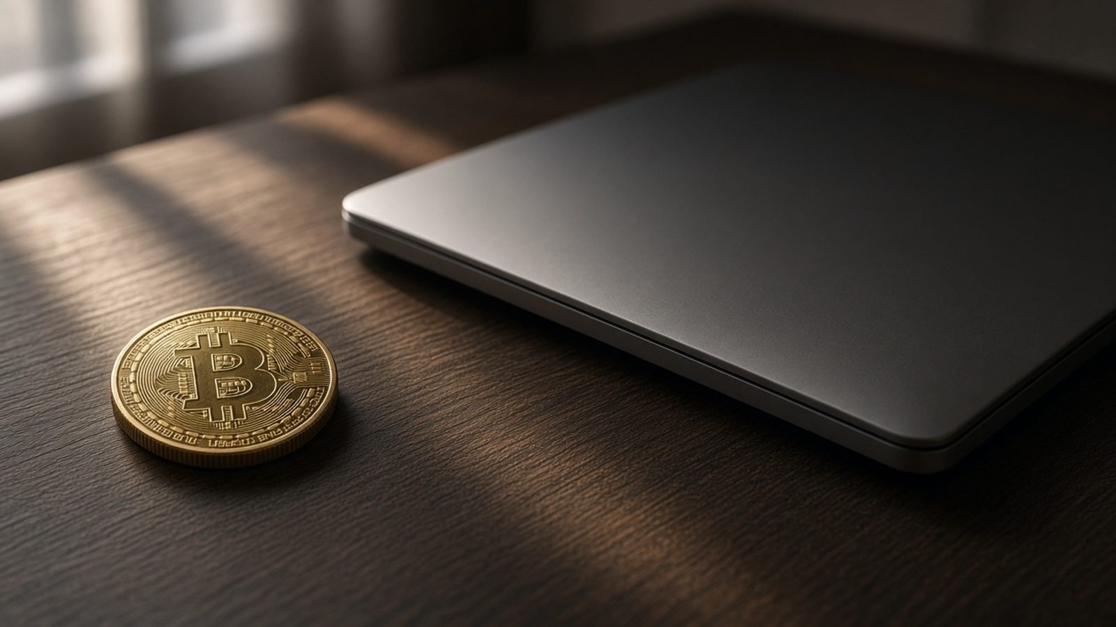 A physical Bitcoin coin on a dark wooden desk beside a closed laptop