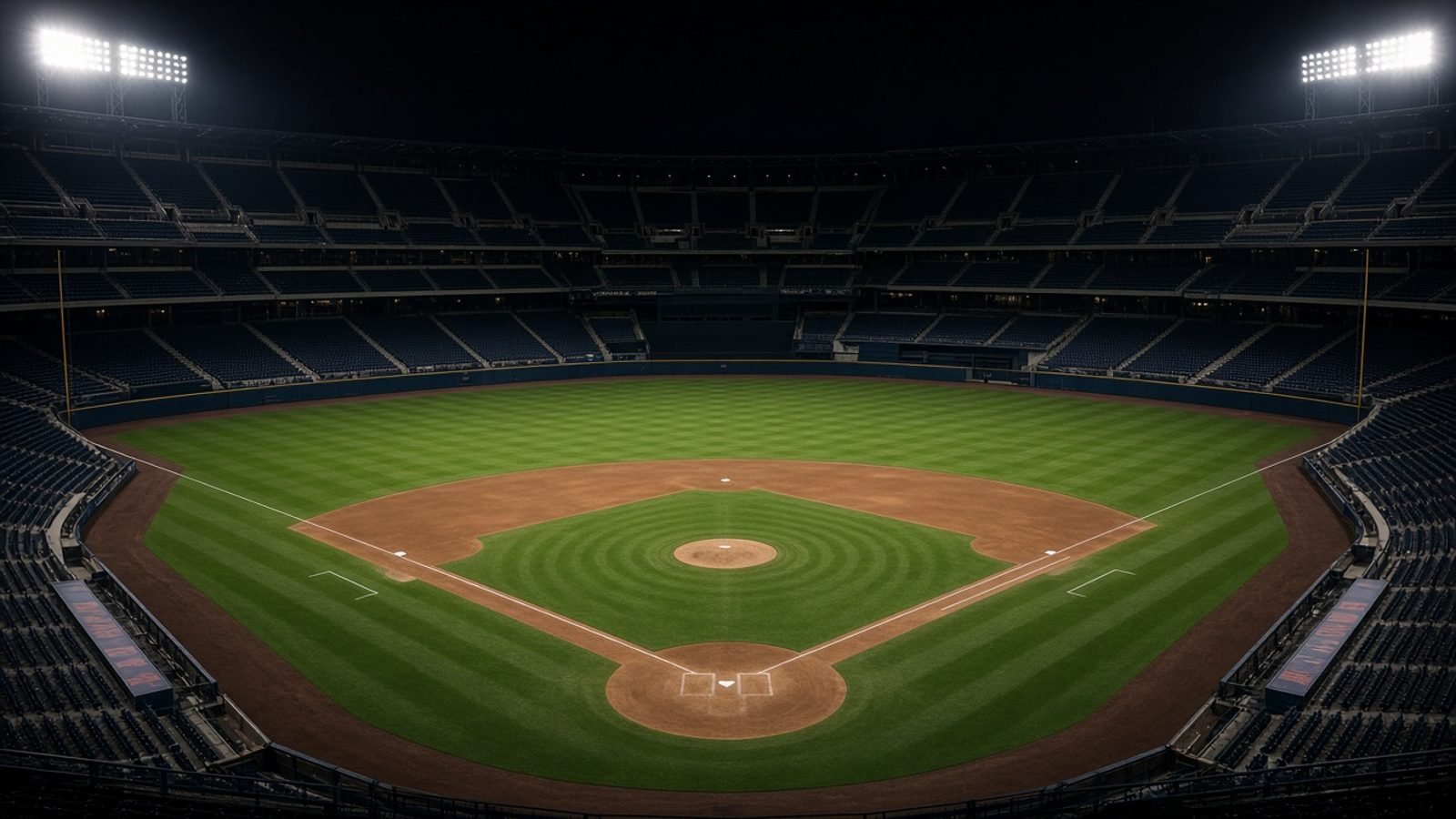 An empty baseball diamond at night under stadium floodlights