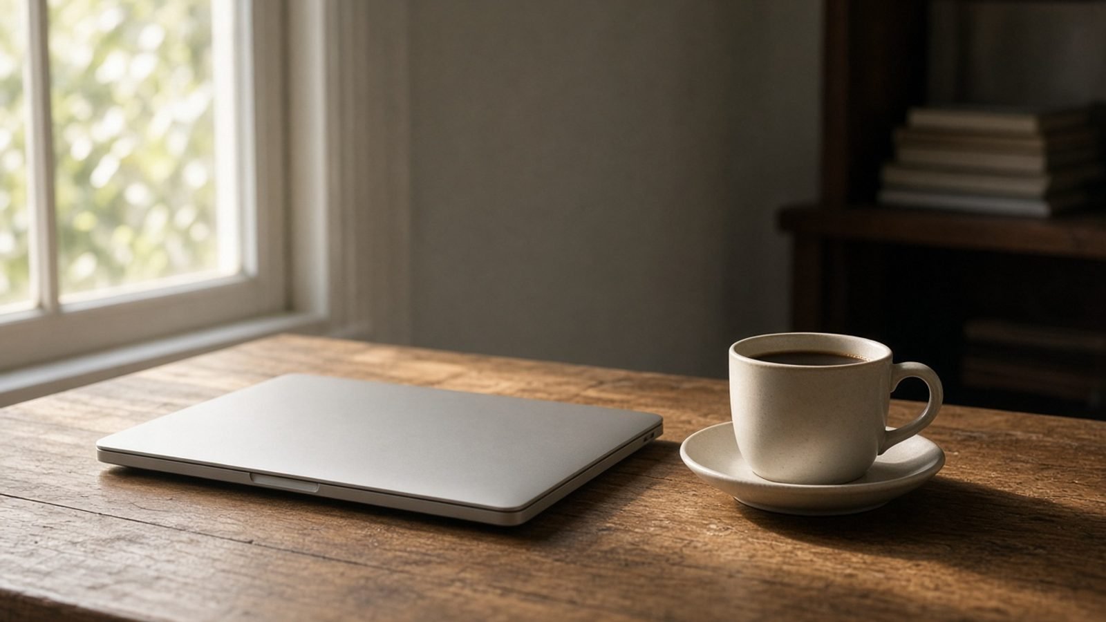A Sunday morning news desk with a closed laptop and coffee