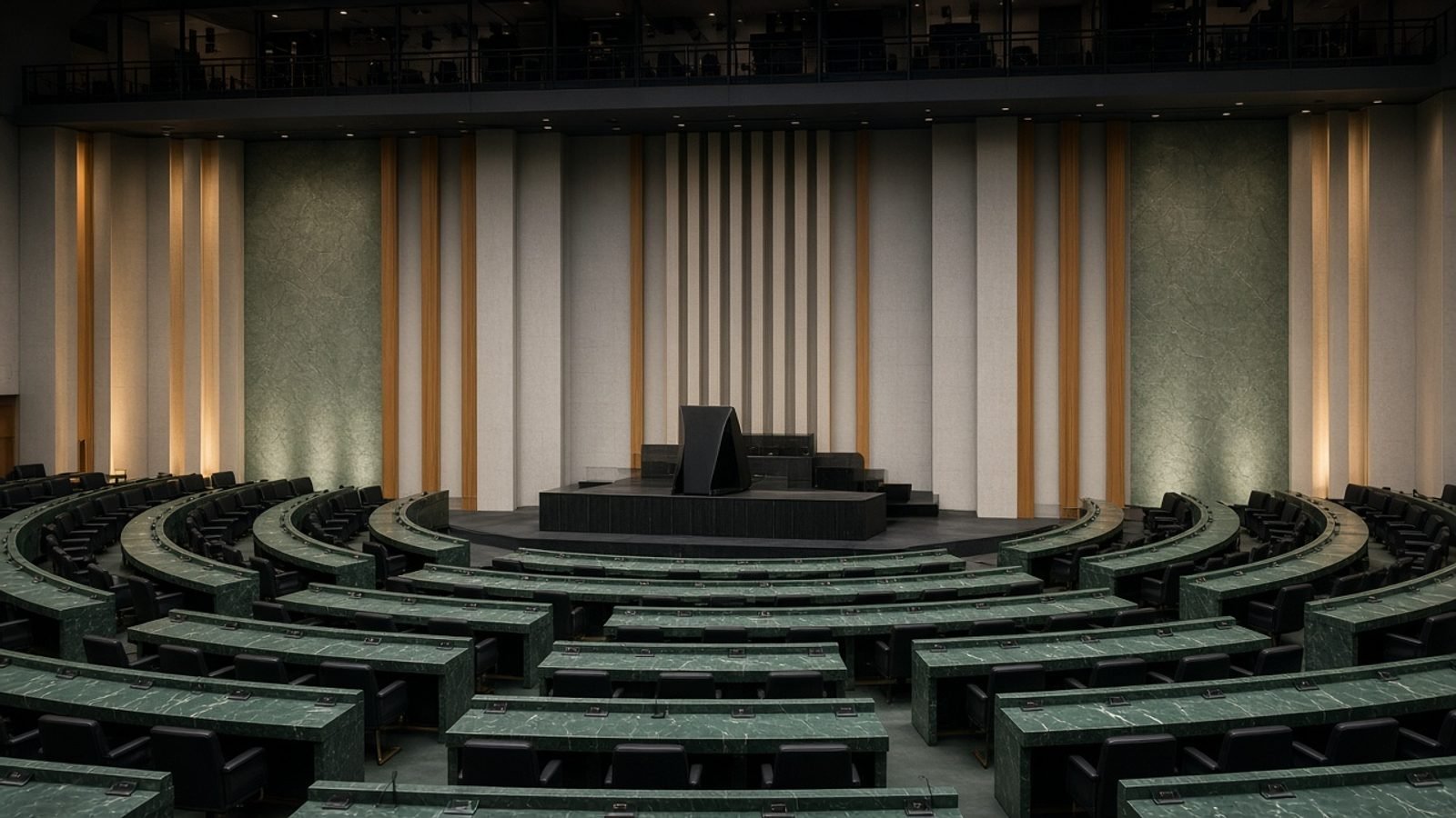 An empty UN assembly hall with unused desks and a dark podium