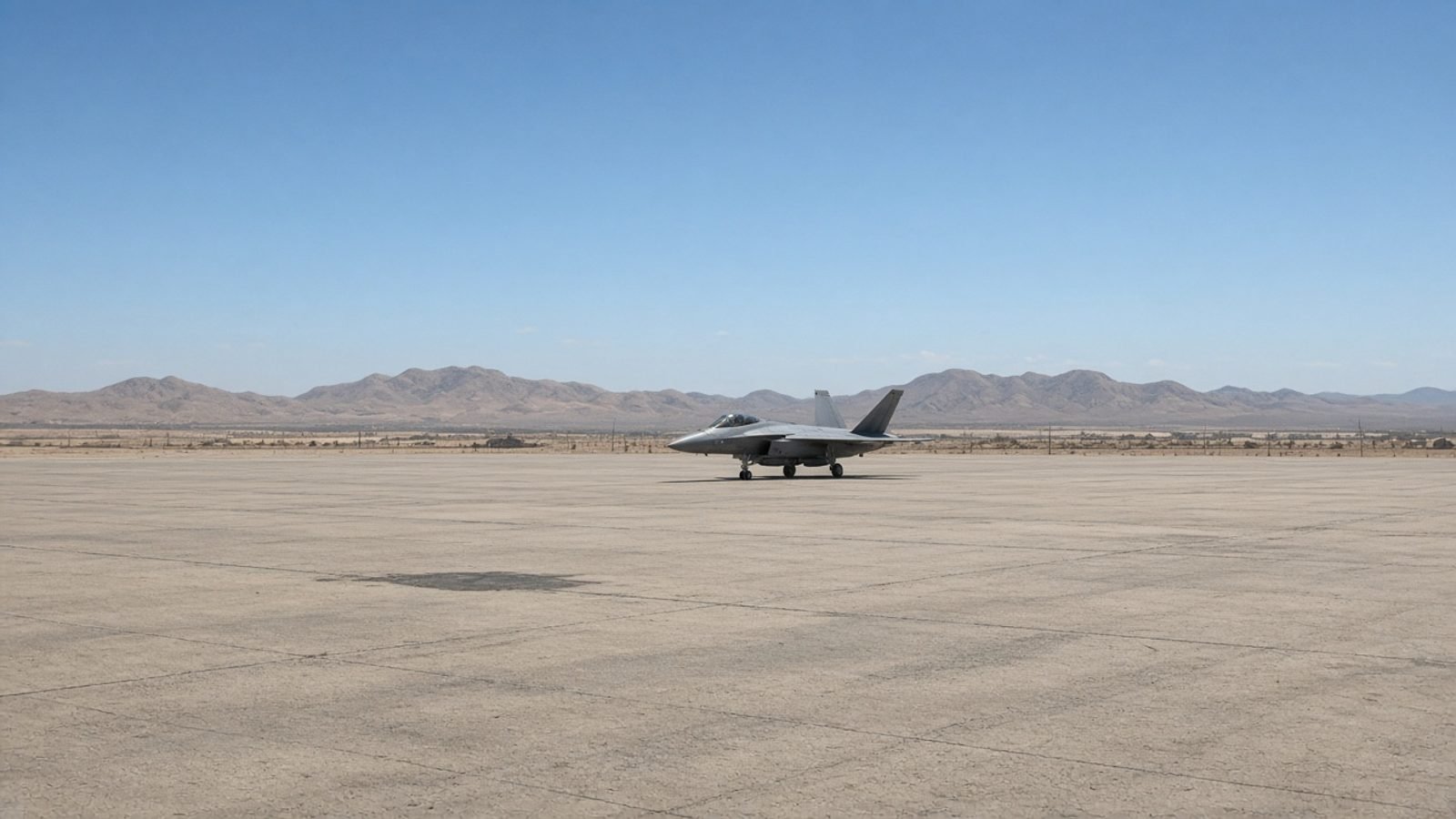 A fighter jet on a distant desert airbase ramp at midday