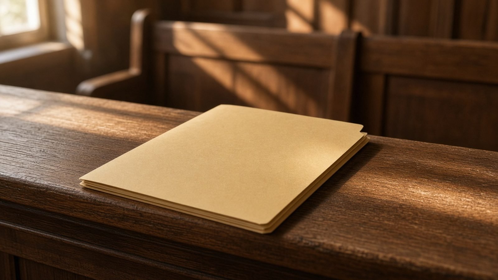A closed manila folder on a wooden courthouse bench