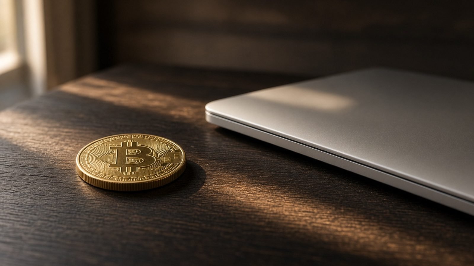 A physical Bitcoin coin on a dark wooden desk beside a closed laptop