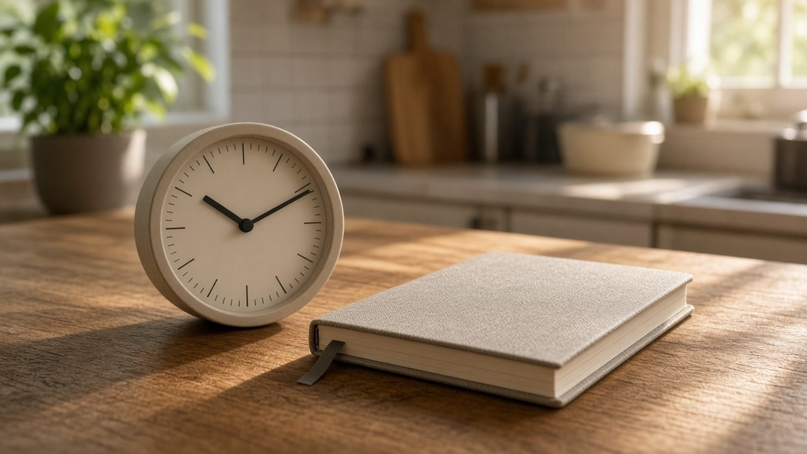 An analog clock and a closed notebook on a kitchen table