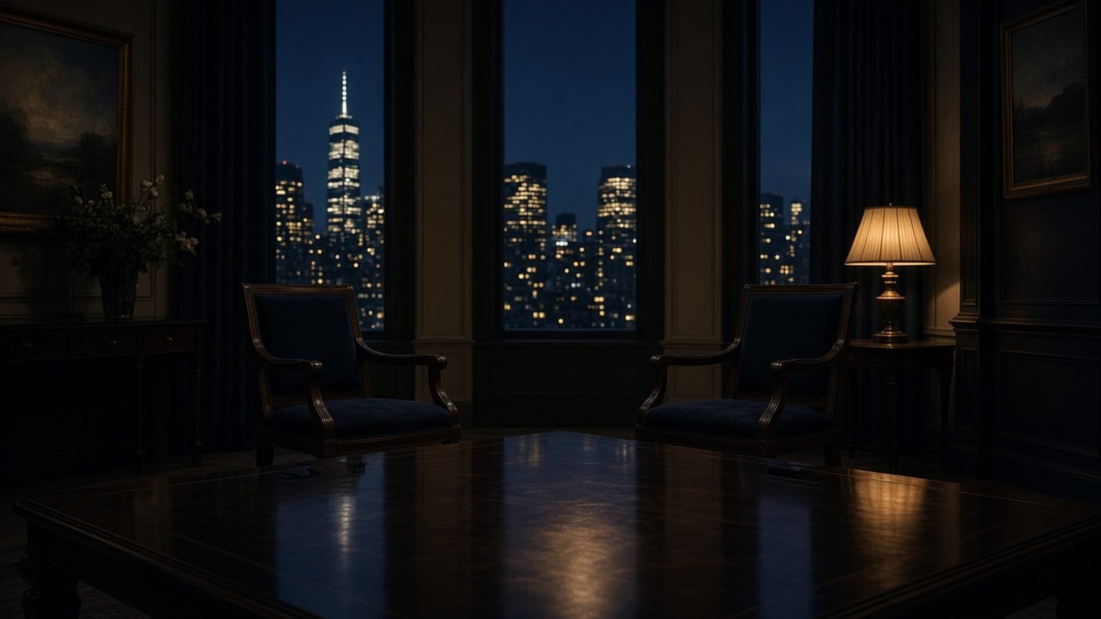 Two empty chairs facing each other across a dark conference table at night