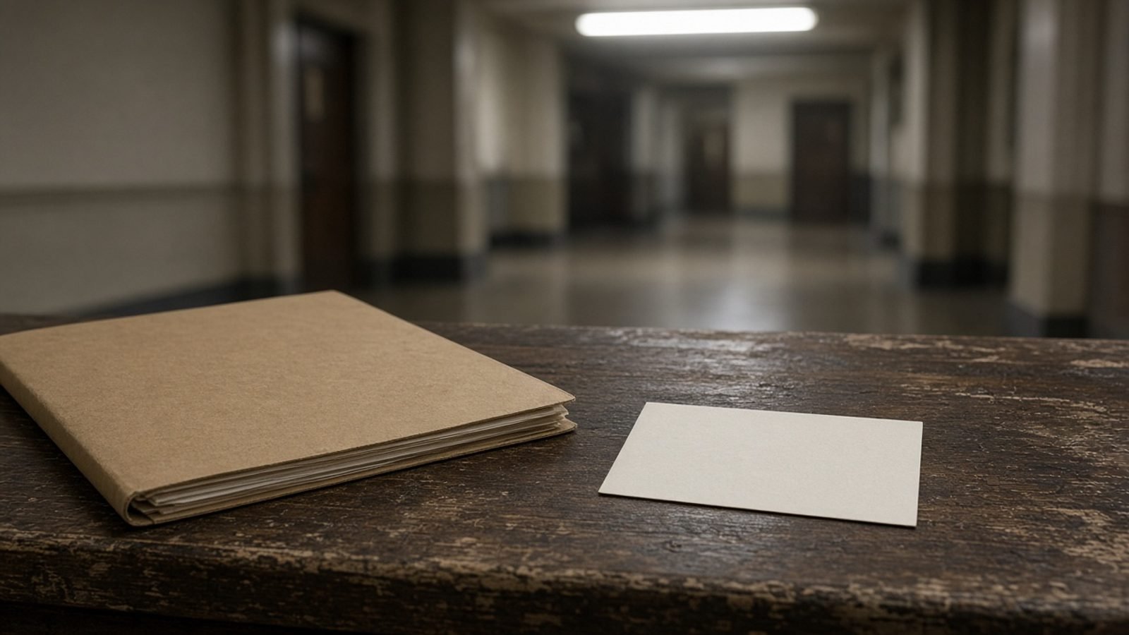 A closed manila folder and a blank card on a courthouse table