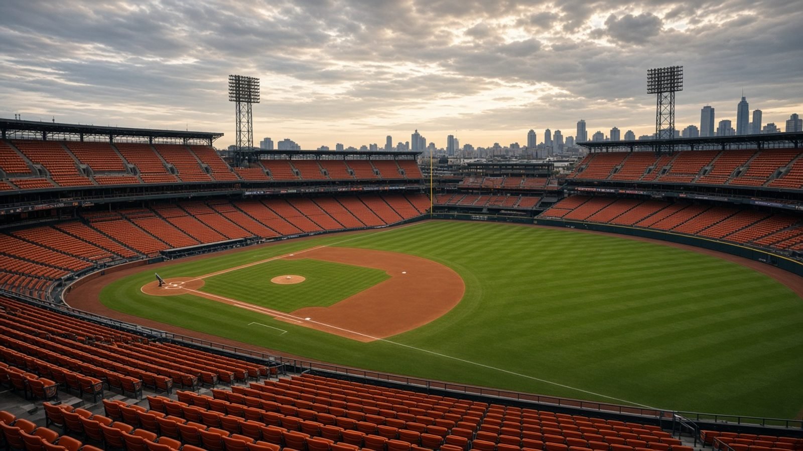 An empty baseball stadium at late afternoon with unused orange seats