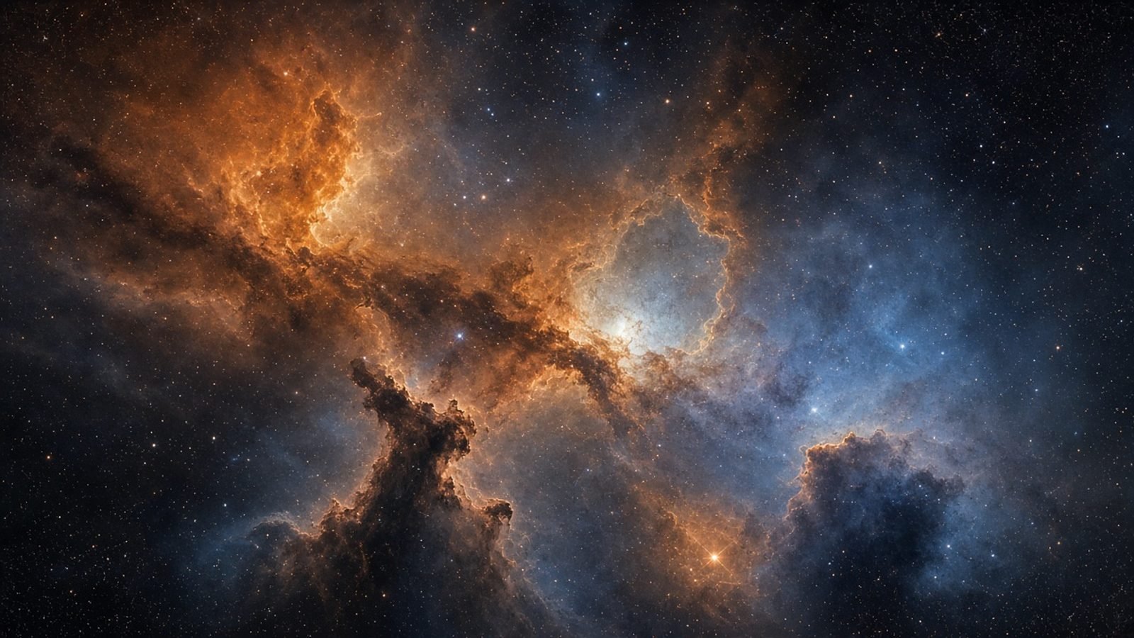 A dusty orange and blue star-forming nebula with faint newborn stars