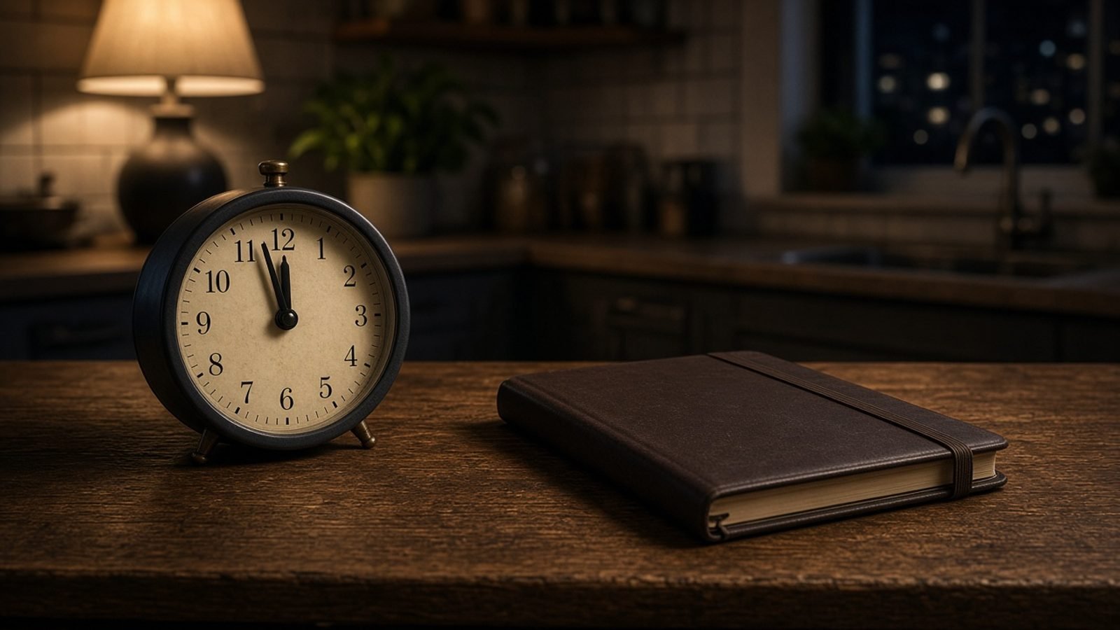 An analog clock and a closed notebook on a kitchen table at night