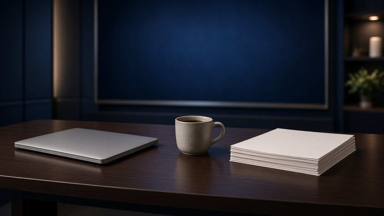 A Sunday evening news desk with a closed laptop and coffee