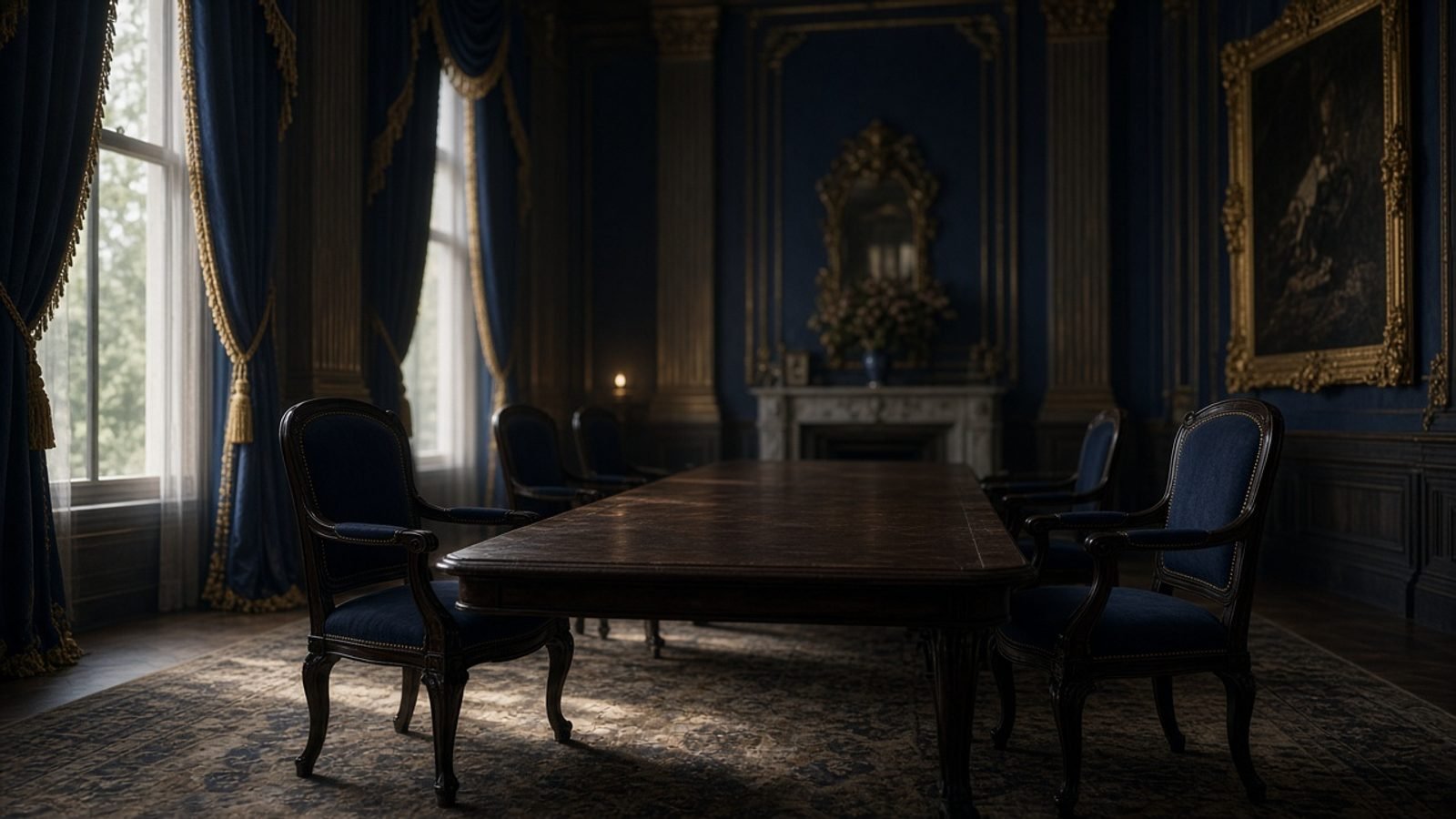A dim historic parlor with two empty chairs facing a long unused table