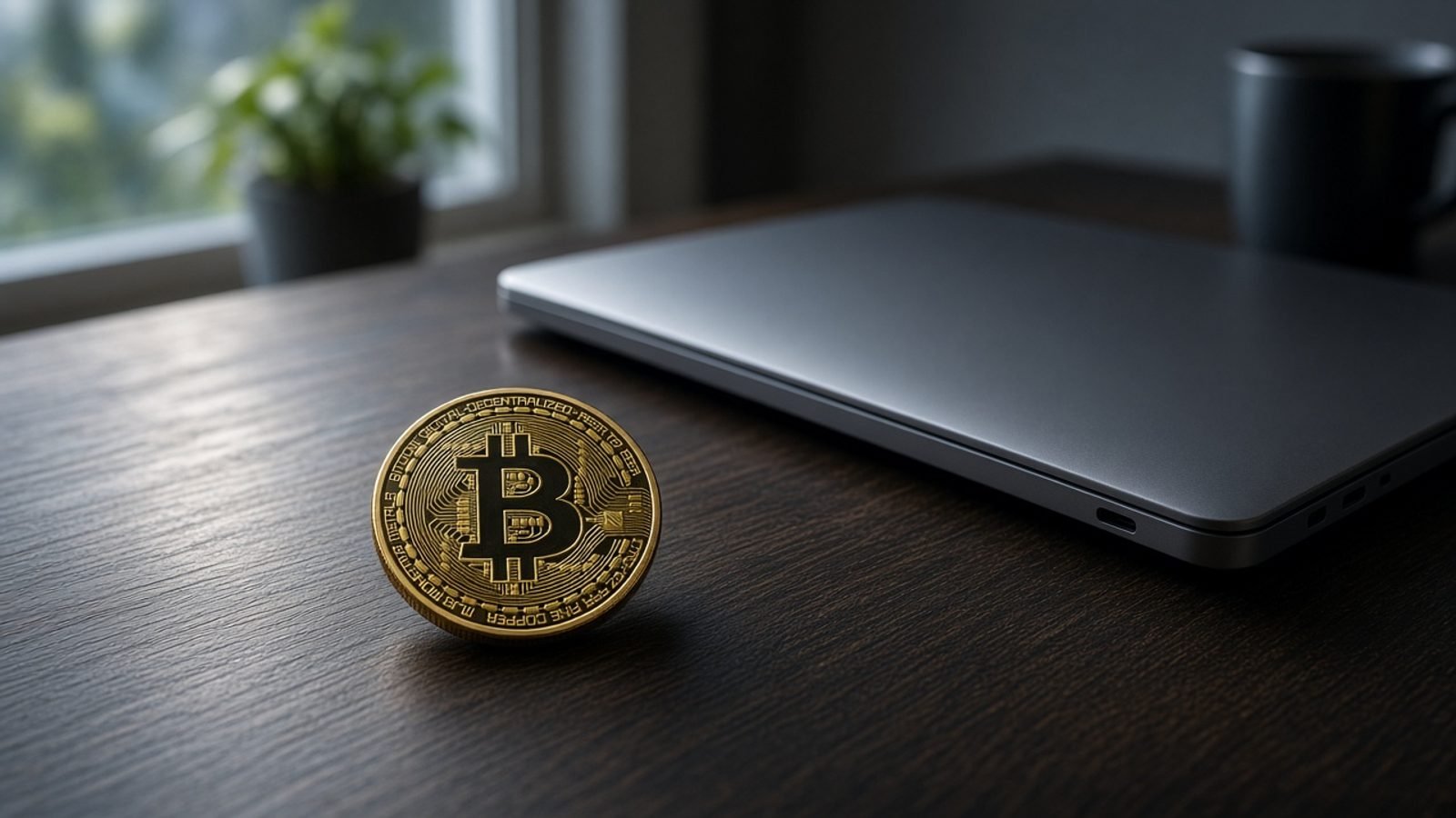 A physical Bitcoin coin on a dark wooden desk beside a closed laptop