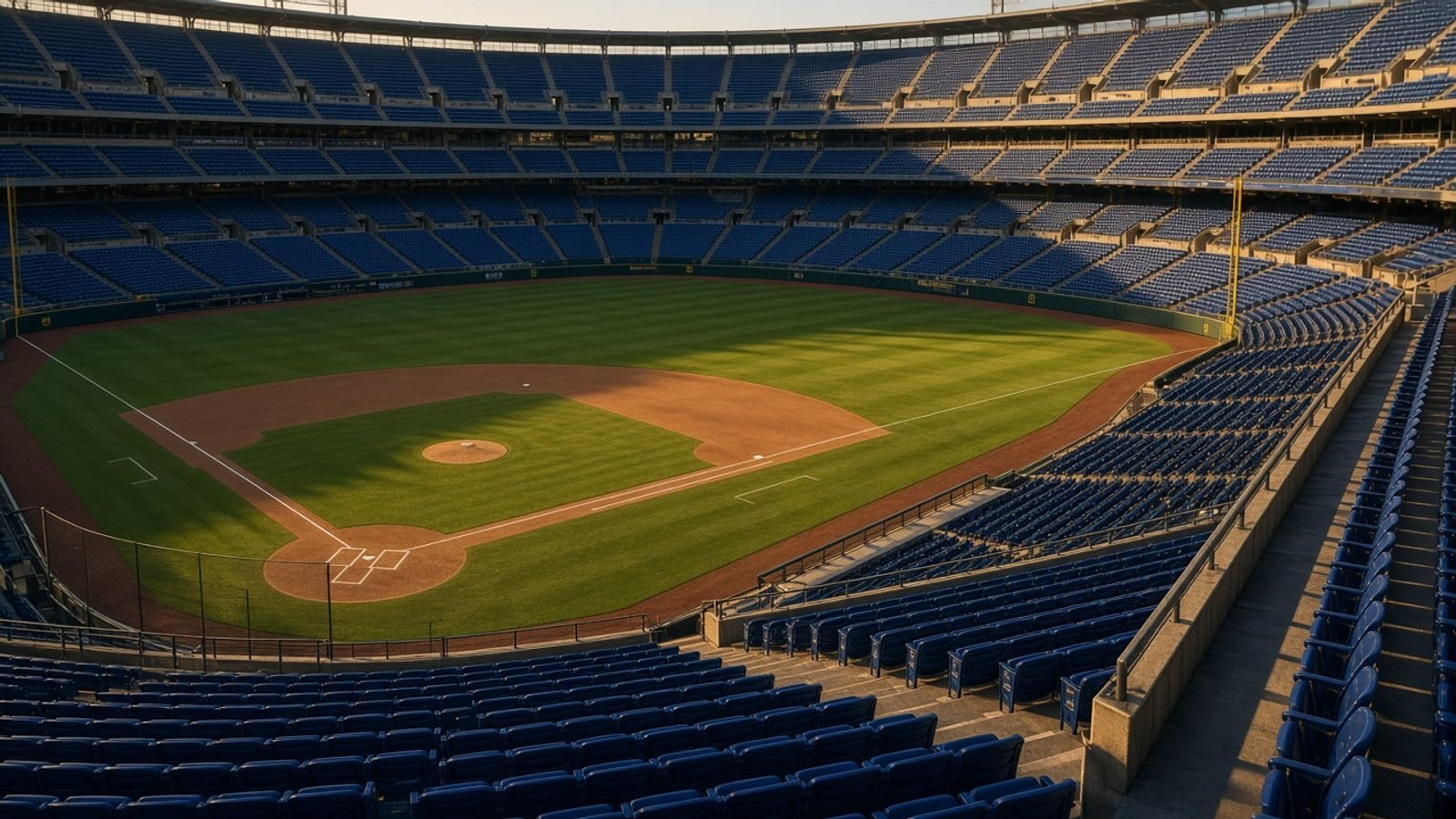 An empty baseball stadium in late afternoon sun with unused blue seats